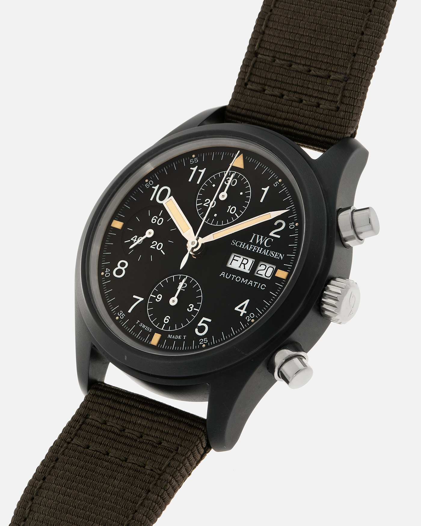 Brand: IWC
Year: Mid-1990s
Model: Fliegerchronograph ‘Keramik’
Reference: 3705
Material: Ceramic and Stainless Steel Case
Movement: Valjoux Cal. 7750 (Modified by IWC), Self-Winding
Case Dimensions: 39mm x 14.8mm (47.7mm Lug-to-Lug)
Lug Width: 20mm
Strap: IWC Army Green Canvas Strap with Signed Stainless Steel Tang Buckle