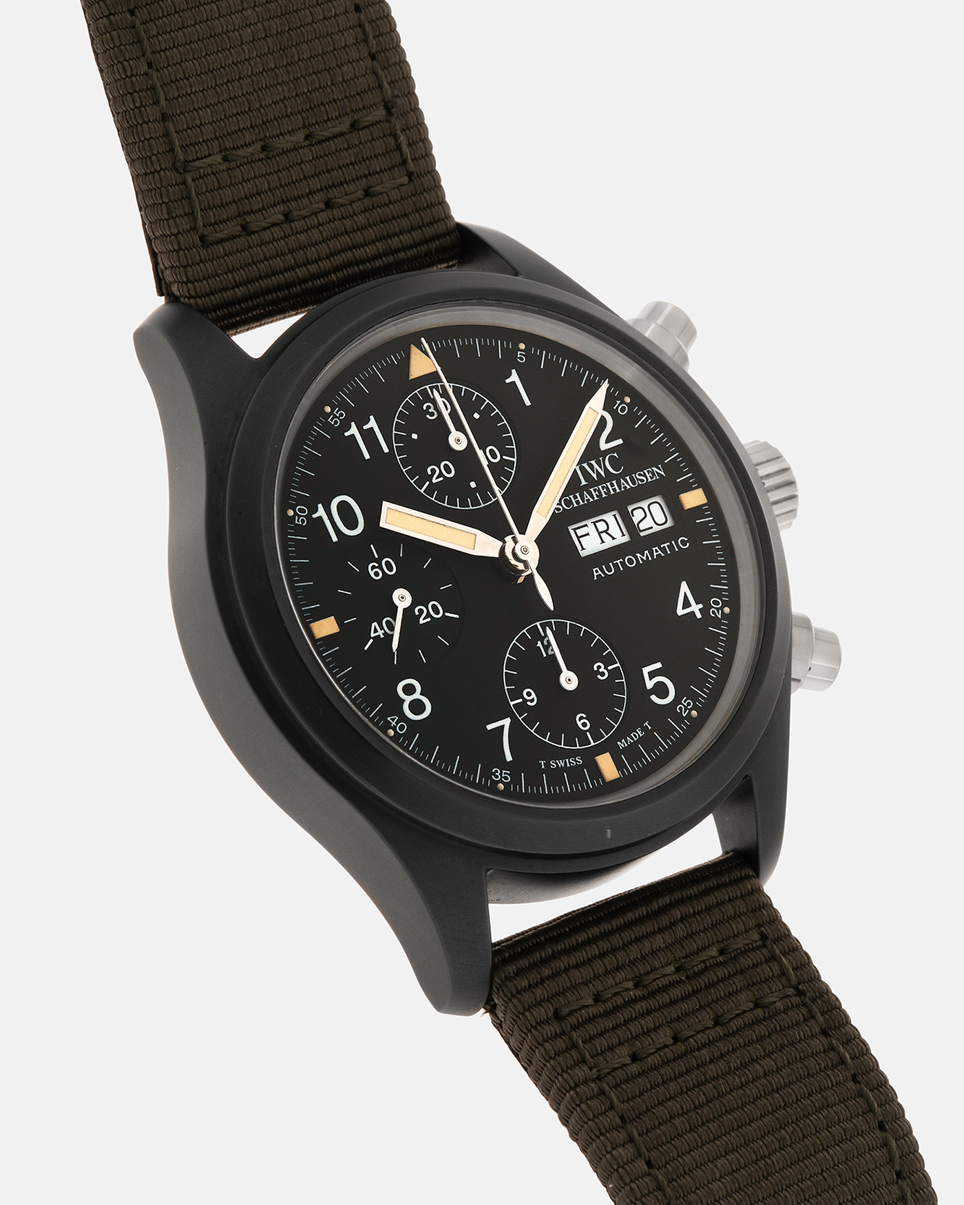Brand: IWC
Year: Mid-1990s
Model: Fliegerchronograph ‘Keramik’
Reference: 3705
Material: Ceramic and Stainless Steel Case
Movement: Valjoux Cal. 7750 (Modified by IWC), Self-Winding
Case Dimensions: 39mm x 14.8mm (47.7mm Lug-to-Lug)
Lug Width: 20mm
Strap: IWC Army Green Canvas Strap with Signed Stainless Steel Tang Buckle
