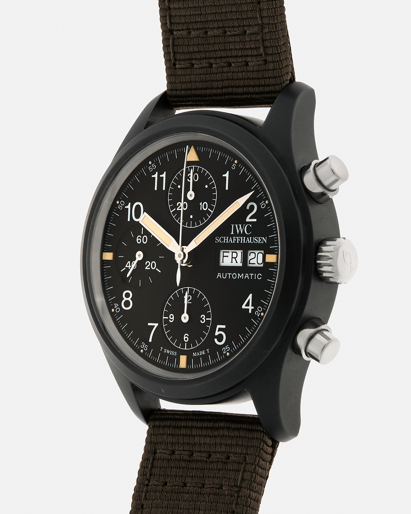 Brand: IWC
Year: Mid-1990s
Model: Fliegerchronograph ‘Keramik’
Reference: 3705
Material: Ceramic and Stainless Steel Case
Movement: Valjoux Cal. 7750 (Modified by IWC), Self-Winding
Case Dimensions: 39mm x 14.8mm (47.7mm Lug-to-Lug)
Lug Width: 20mm
Strap: IWC Army Green Canvas Strap with Signed Stainless Steel Tang Buckle