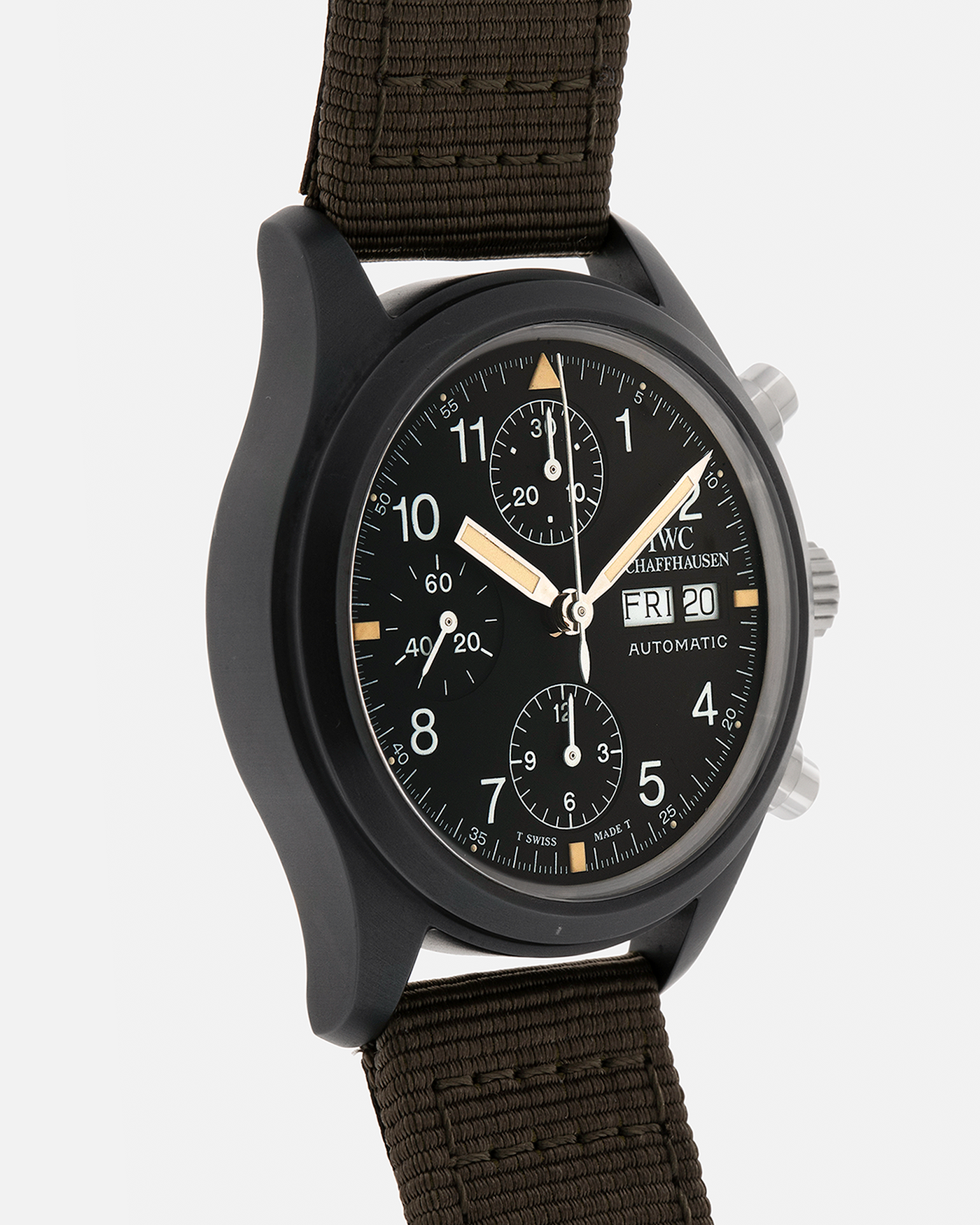Brand: IWC
Year: Mid-1990s
Model: Fliegerchronograph ‘Keramik’
Reference: 3705
Material: Ceramic and Stainless Steel Case
Movement: Valjoux Cal. 7750 (Modified by IWC), Self-Winding
Case Dimensions: 39mm x 14.8mm (47.7mm Lug-to-Lug)
Lug Width: 20mm
Strap: IWC Army Green Canvas Strap with Signed Stainless Steel Tang Buckle