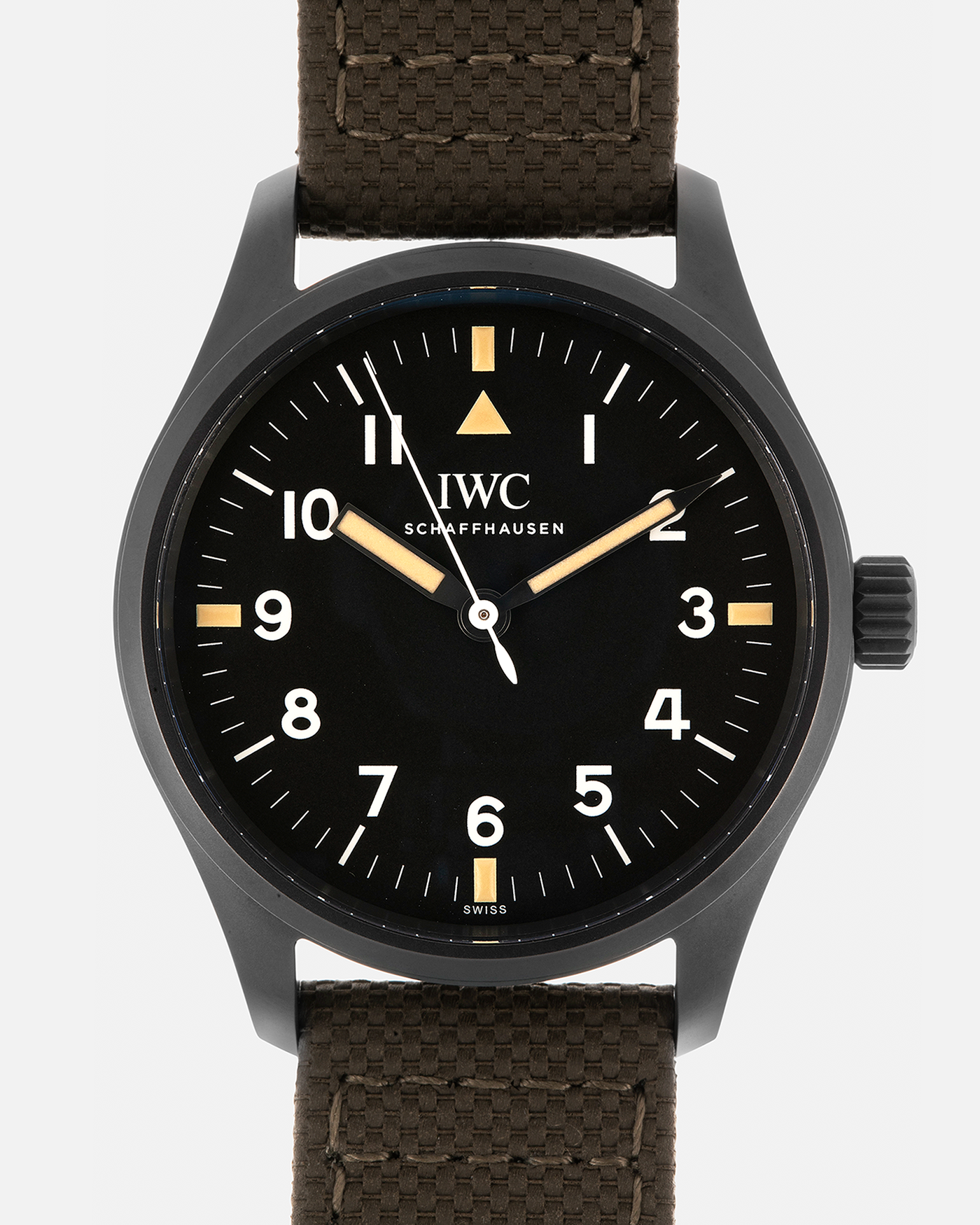 Brand: IWC
Year: 2019
Model: Mark XVIII ‘Hodinkee’, Limited to 500 pieces
Reference Number: IW324801
Material: Ceratanium
Movement: IWC Cal. 35100, Self-Winding
Case Dimensions: 39mm x 10.6mm (Lug-to-Lug 48mm)
Lug Width: 20mm
Strap: IWC Dark Olive Textile Strap with Signed Ceratanium Tang Buckle