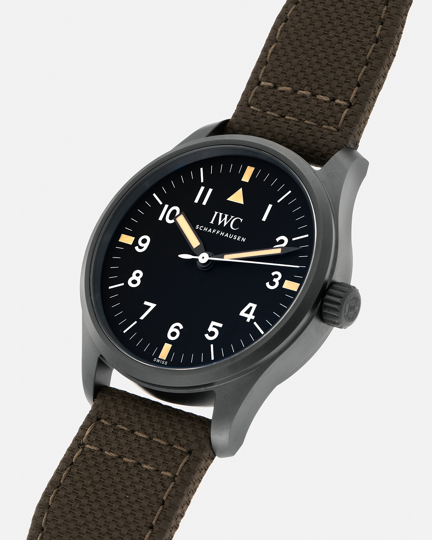 Brand: IWC
Year: 2019
Model: Mark XVIII ‘Hodinkee’, Limited to 500 pieces
Reference Number: IW324801
Material: Ceratanium
Movement: IWC Cal. 35100, Self-Winding
Case Dimensions: 39mm x 10.6mm (Lug-to-Lug 48mm)
Lug Width: 20mm
Strap: IWC Dark Olive Textile Strap with Signed Ceratanium Tang Buckle