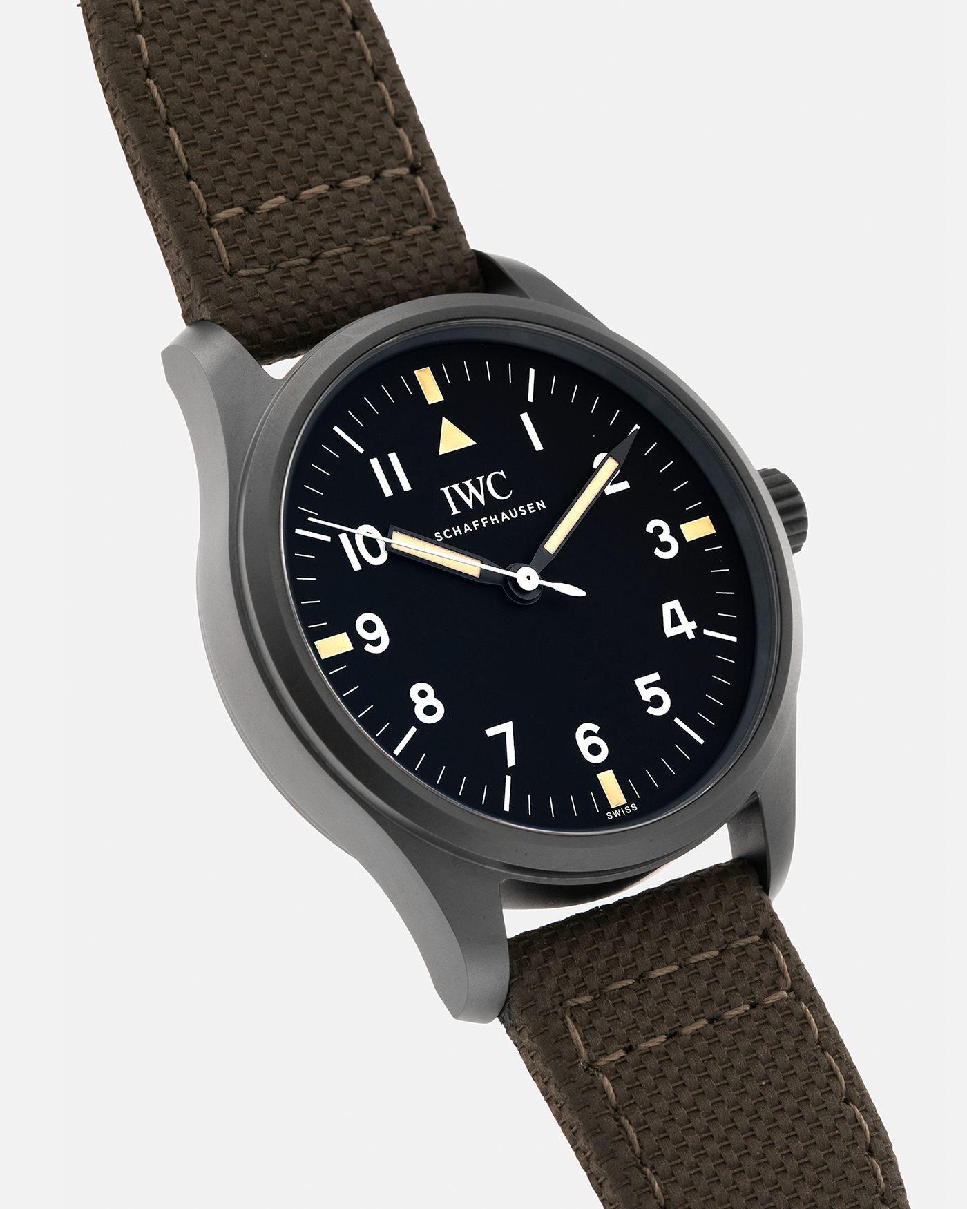 Brand: IWC
Year: 2019
Model: Mark XVIII ‘Hodinkee’, Limited to 500 pieces
Reference Number: IW324801
Material: Ceratanium
Movement: IWC Cal. 35100, Self-Winding
Case Dimensions: 39mm x 10.6mm (Lug-to-Lug 48mm)
Lug Width: 20mm
Strap: IWC Dark Olive Textile Strap with Signed Ceratanium Tang Buckle