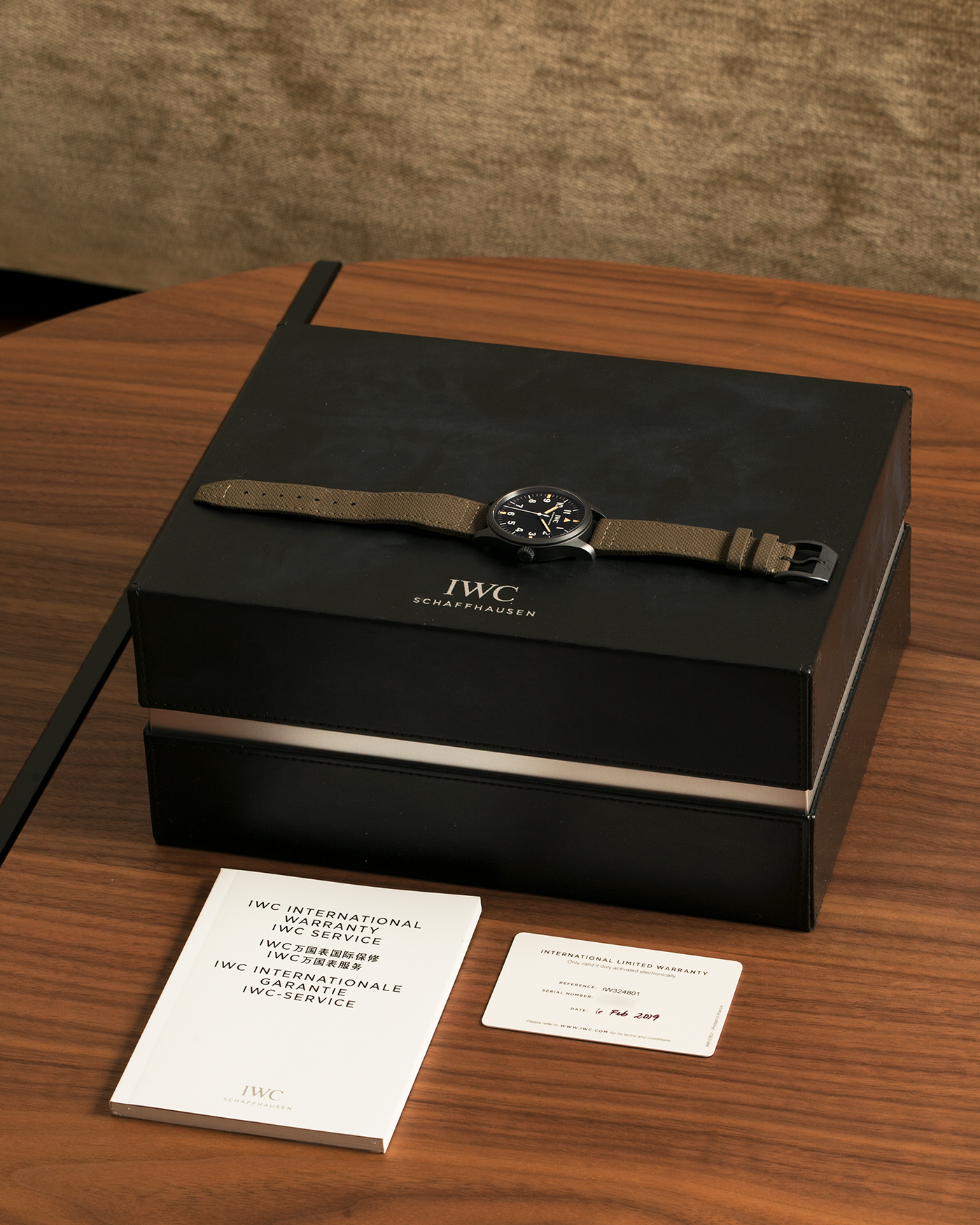 Brand: IWC
Year: 2019
Model: Mark XVIII ‘Hodinkee’, Limited to 500 pieces
Reference Number: IW324801
Material: Ceratanium
Movement: IWC Cal. 35100, Self-Winding
Case Dimensions: 39mm x 10.6mm (Lug-to-Lug 48mm)
Lug Width: 20mm
Strap: IWC Dark Olive Textile Strap with Signed Ceratanium Tang Buckle