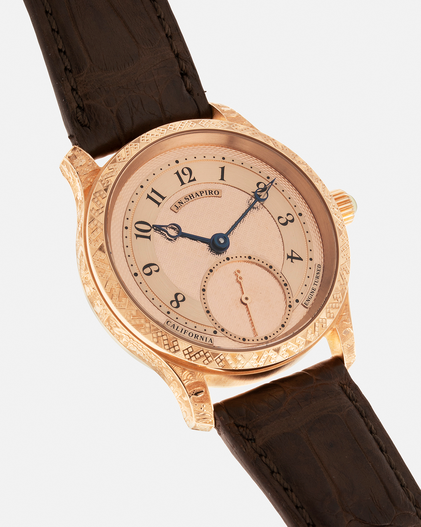 Brand: J.N. Shapiro Year: 2020 Model: Infinity Series (Piece Unique) Material: 18-carat Rose Gold Case, Ruthenium Dial Movement: UWD Cal. 33.1, Manual-Winding Case Diameter: 40mm Lug Width: 22mm Strap: J.N. Shapiro Dark Brown Alligator Strap with Custom Engraved 18-carat Rose Gold Tang Buckle
