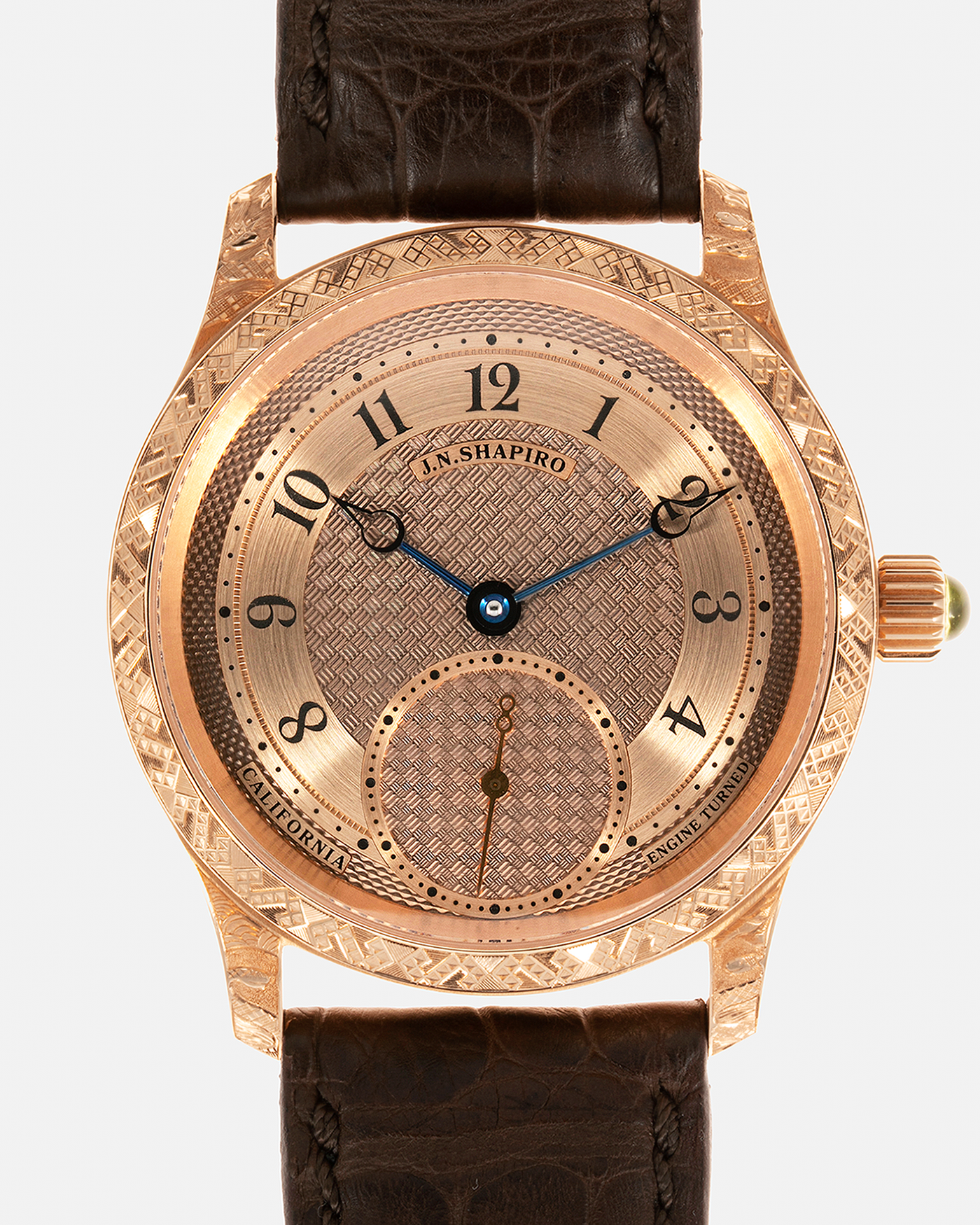 Brand: J.N. Shapiro Year: 2020 Model: Infinity Series (Piece Unique) Material: 18-carat Rose Gold Case, Ruthenium Dial Movement: UWD Cal. 33.1, Manual-Winding Case Diameter: 40mm Lug Width: 22mm Strap: J.N. Shapiro Dark Brown Alligator Strap with Custom Engraved 18-carat Rose Gold Tang Buckle