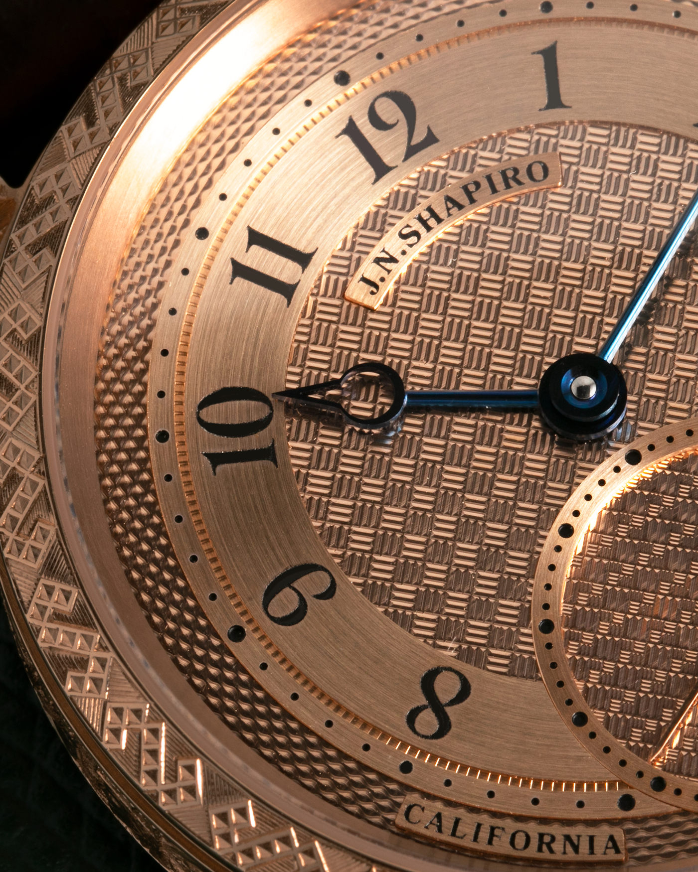 Brand: J.N. Shapiro Year: 2020 Model: Infinity Series (Piece Unique) Material: 18-carat Rose Gold Case, Ruthenium Dial Movement: UWD Cal. 33.1, Manual-Winding Case Diameter: 40mm Lug Width: 22mm Strap: J.N. Shapiro Dark Brown Alligator Strap with Custom Engraved 18-carat Rose Gold Tang Buckle