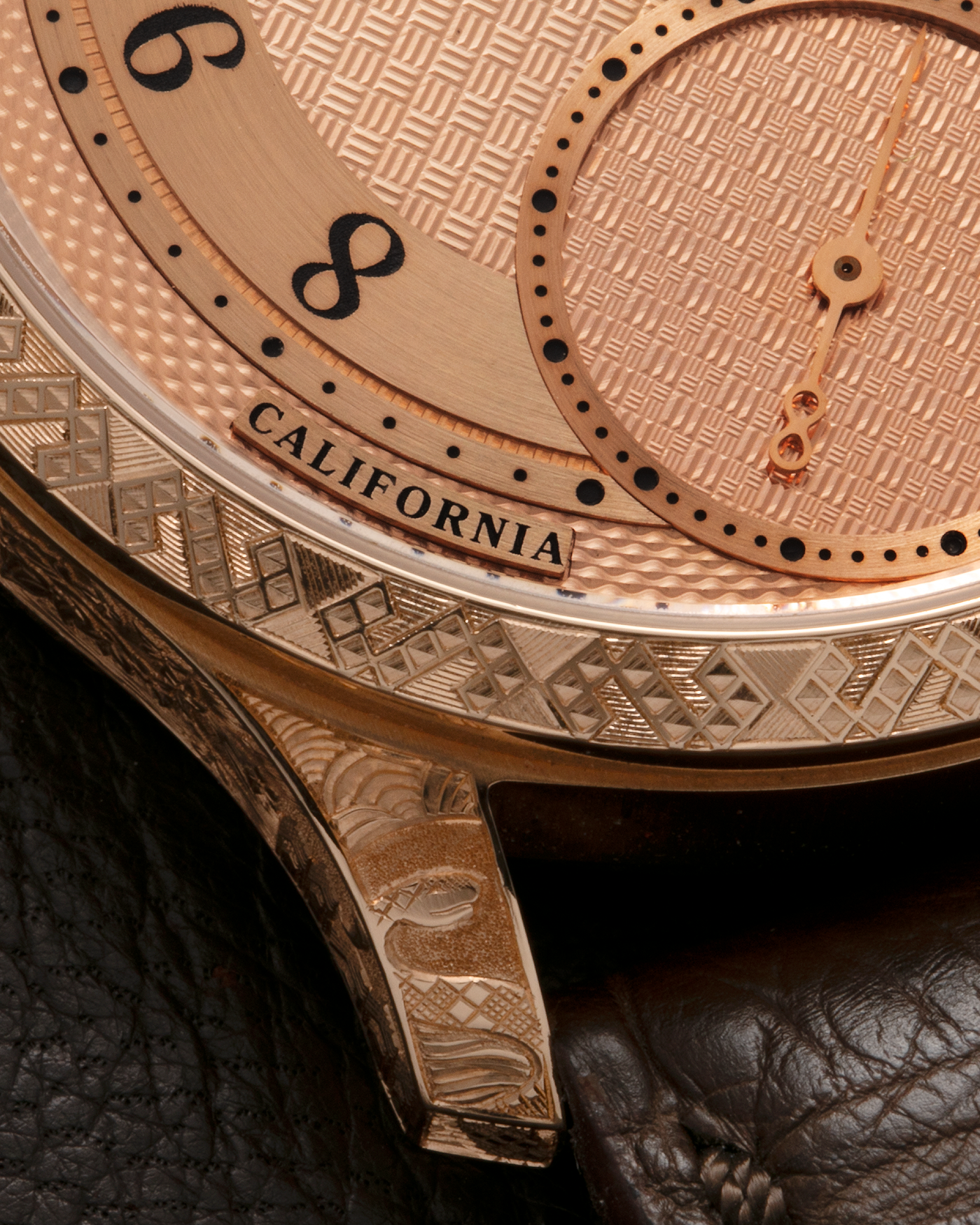 Brand: J.N. Shapiro Year: 2020 Model: Infinity Series (Piece Unique) Material: 18-carat Rose Gold Case, Ruthenium Dial Movement: UWD Cal. 33.1, Manual-Winding Case Diameter: 40mm Lug Width: 22mm Strap: J.N. Shapiro Dark Brown Alligator Strap with Custom Engraved 18-carat Rose Gold Tang Buckle