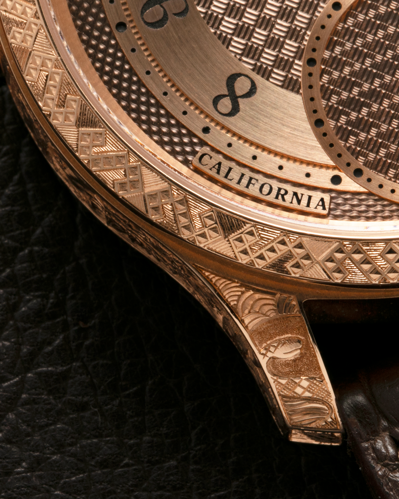 Brand: J.N. Shapiro Year: 2020 Model: Infinity Series (Piece Unique) Material: 18-carat Rose Gold Case, Ruthenium Dial Movement: UWD Cal. 33.1, Manual-Winding Case Diameter: 40mm Lug Width: 22mm Strap: J.N. Shapiro Dark Brown Alligator Strap with Custom Engraved 18-carat Rose Gold Tang Buckle