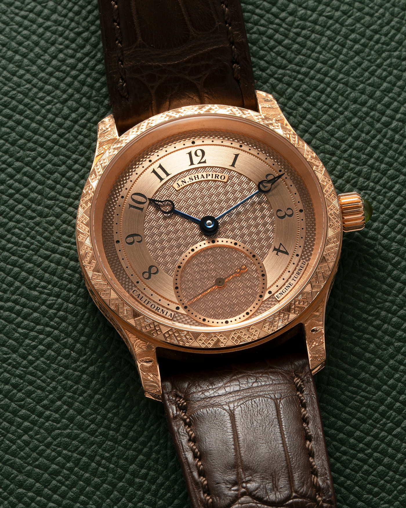 Brand: J.N. Shapiro Year: 2020 Model: Infinity Series (Piece Unique) Material: 18-carat Rose Gold Case, Ruthenium Dial Movement: UWD Cal. 33.1, Manual-Winding Case Diameter: 40mm Lug Width: 22mm Strap: J.N. Shapiro Dark Brown Alligator Strap with Custom Engraved 18-carat Rose Gold Tang Buckle