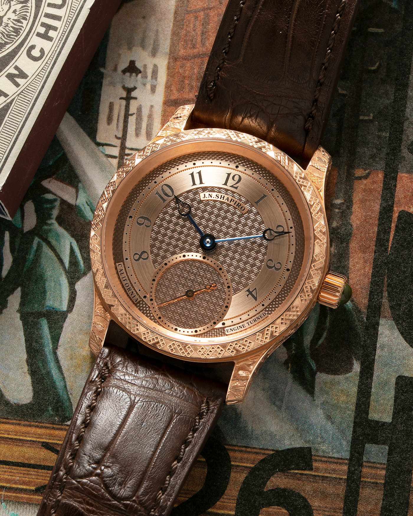 Brand: J.N. Shapiro Year: 2020 Model: Infinity Series (Piece Unique) Material: 18-carat Rose Gold Case, Ruthenium Dial Movement: UWD Cal. 33.1, Manual-Winding Case Diameter: 40mm Lug Width: 22mm Strap: J.N. Shapiro Dark Brown Alligator Strap with Custom Engraved 18-carat Rose Gold Tang Buckle