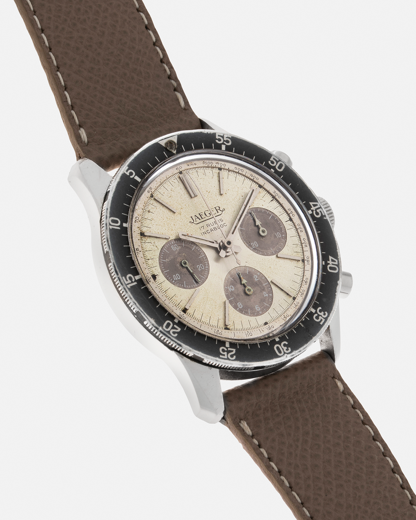 Brand: Jaeger Year: 1968 Model: 4 ATM Reference Number: E.13001 Serial Number: 442745 Material: Stainless Steel Movement: Valjoux Cal. 72, Manual-Winding Case Diameter: 41mm Lug Width: 22mm Strap: Generic Taupe Leather Strap