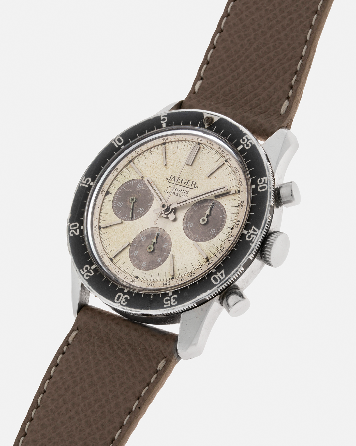 Brand: Jaeger Year: 1968 Model: 4 ATM Reference Number: E.13001 Serial Number: 442745 Material: Stainless Steel Movement: Valjoux Cal. 72, Manual-Winding Case Diameter: 41mm Lug Width: 22mm Strap: Generic Taupe Leather Strap