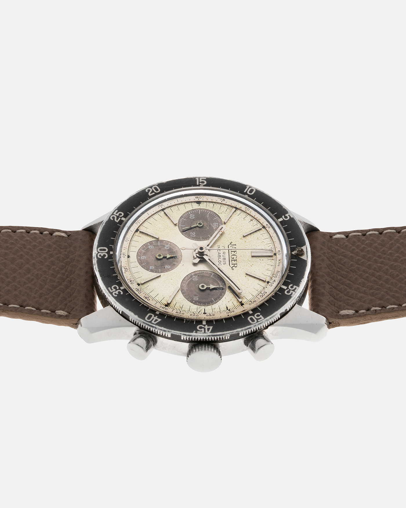 Brand: Jaeger Year: 1968 Model: 4 ATM Reference Number: E.13001 Serial Number: 442745 Material: Stainless Steel Movement: Valjoux Cal. 72, Manual-Winding Case Diameter: 41mm Lug Width: 22mm Strap: Generic Taupe Leather Strap