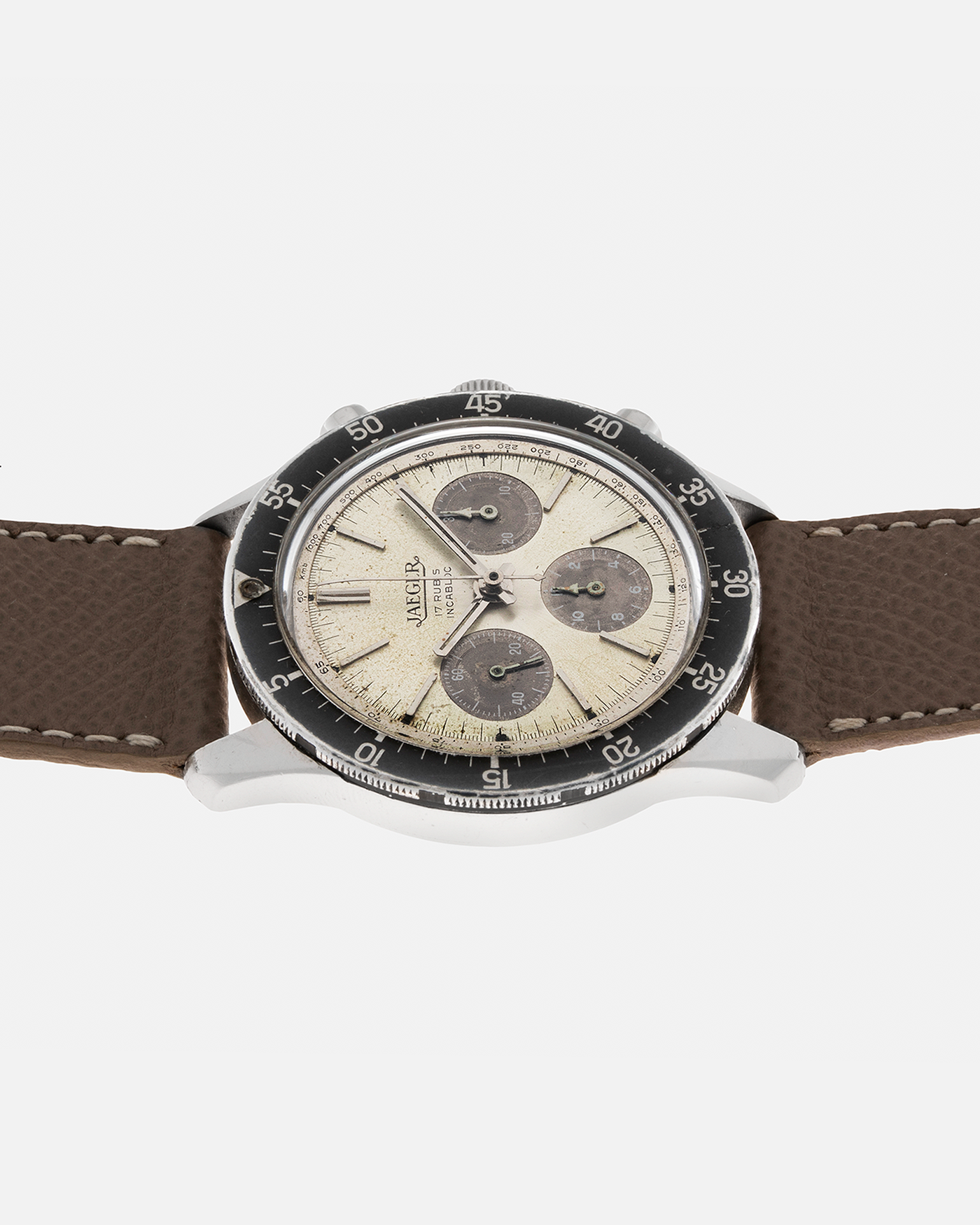 Brand: Jaeger Year: 1968 Model: 4 ATM Reference Number: E.13001 Serial Number: 442745 Material: Stainless Steel Movement: Valjoux Cal. 72, Manual-Winding Case Diameter: 41mm Lug Width: 22mm Strap: Generic Taupe Leather Strap