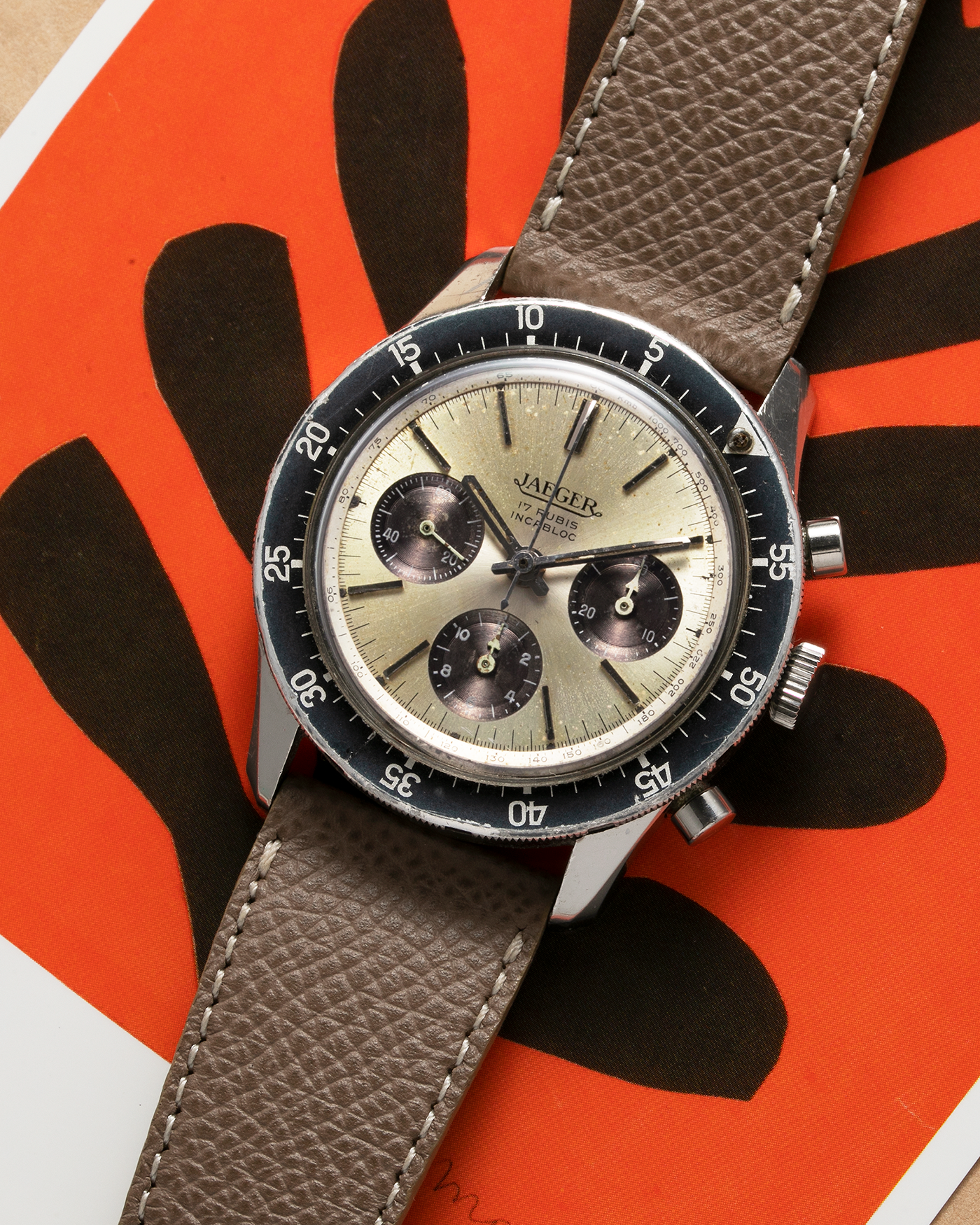 Brand: Jaeger Year: 1968 Model: 4 ATM Reference Number: E.13001 Serial Number: 442745 Material: Stainless Steel Movement: Valjoux Cal. 72, Manual-Winding Case Diameter: 41mm Lug Width: 22mm Strap: Generic Taupe Leather Strap