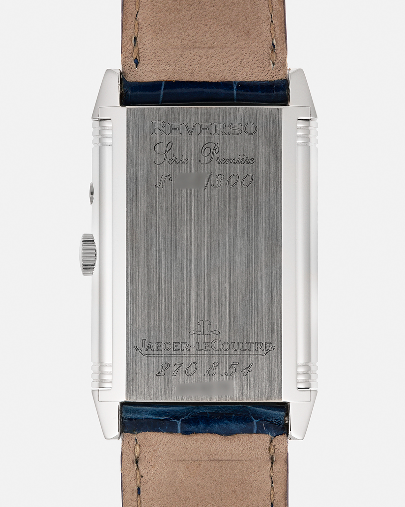Brand: Jaeger LeCoultre
Year: Late 1990s
Model: Reverso Duoface Japan Edition Blue, Limited Edition of 300 Pieces
Reference Number: 270.8.54
Material: Stainless Steel
Movement: Jaeger LeCoultre Cal. 854, Manual-Wind
Case Dimensions: 42mm (Including Lugs) x 26mm
Lug Width: 19mm
Strap: Jaeger LeCoultre Blue Alligator Leather Strap with Signed Stainless Steel Deployant Clasp