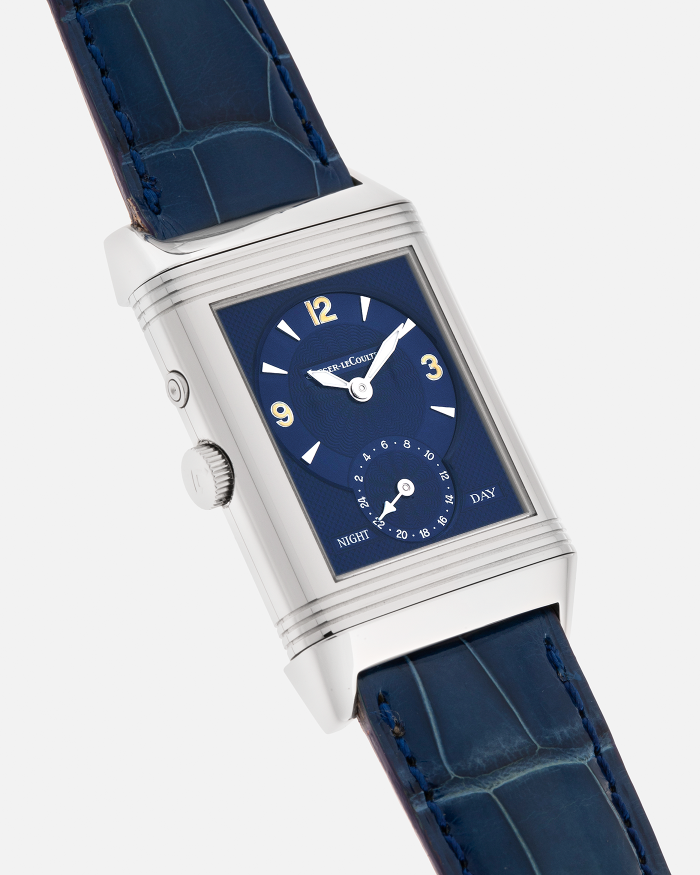 Brand: Jaeger LeCoultre
Year: Late 1990s
Model: Reverso Duoface Japan Edition Blue, Limited Edition of 300 Pieces
Reference Number: 270.8.54
Material: Stainless Steel
Movement: Jaeger LeCoultre Cal. 854, Manual-Wind
Case Dimensions: 42mm (Including Lugs) x 26mm
Lug Width: 19mm
Strap: Jaeger LeCoultre Blue Alligator Leather Strap with Signed Stainless Steel Deployant Clasp