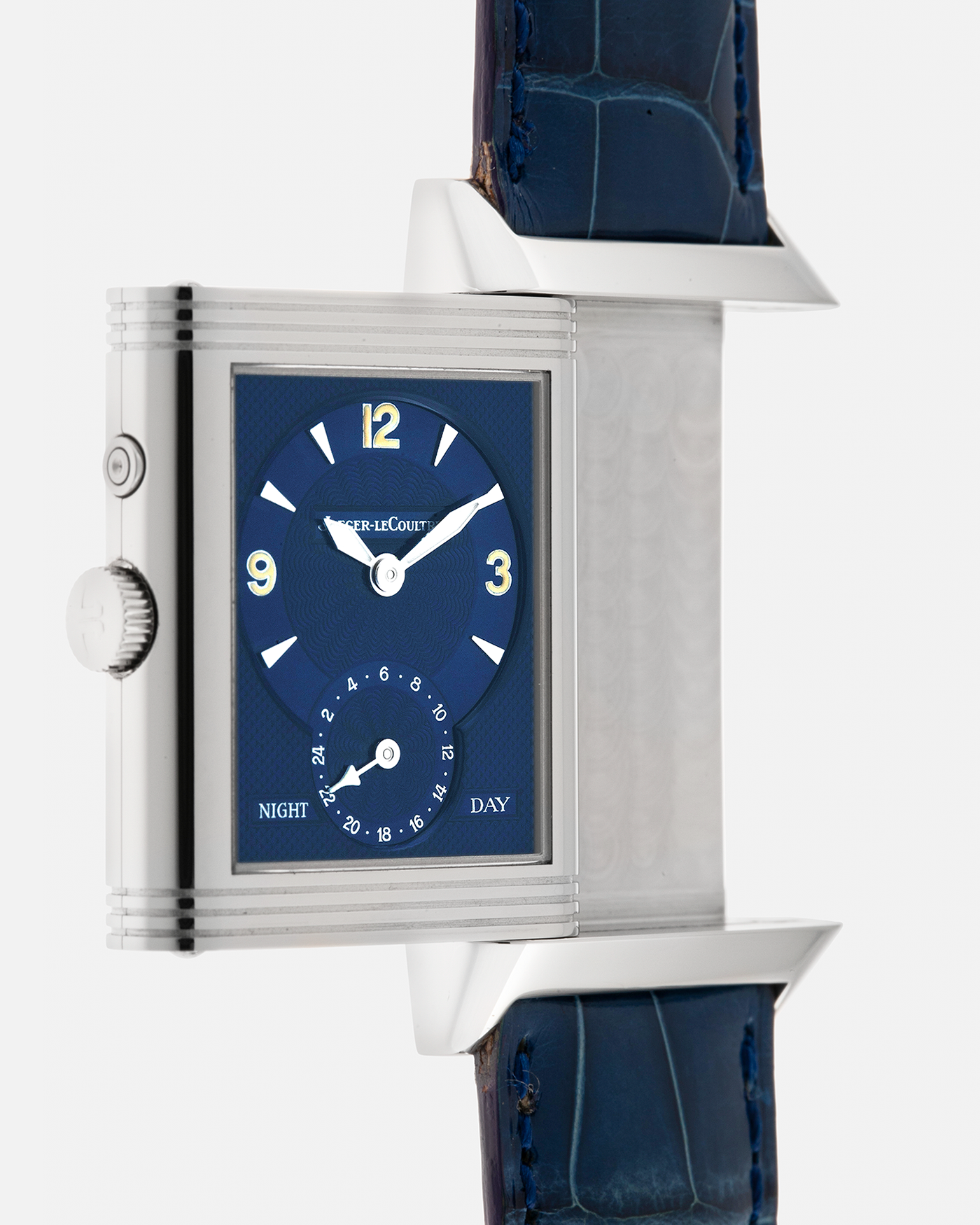 Brand: Jaeger LeCoultre
Year: Late 1990s
Model: Reverso Duoface Japan Edition Blue, Limited Edition of 300 Pieces
Reference Number: 270.8.54
Material: Stainless Steel
Movement: Jaeger LeCoultre Cal. 854, Manual-Wind
Case Dimensions: 42mm (Including Lugs) x 26mm
Lug Width: 19mm
Strap: Jaeger LeCoultre Blue Alligator Leather Strap with Signed Stainless Steel Deployant Clasp