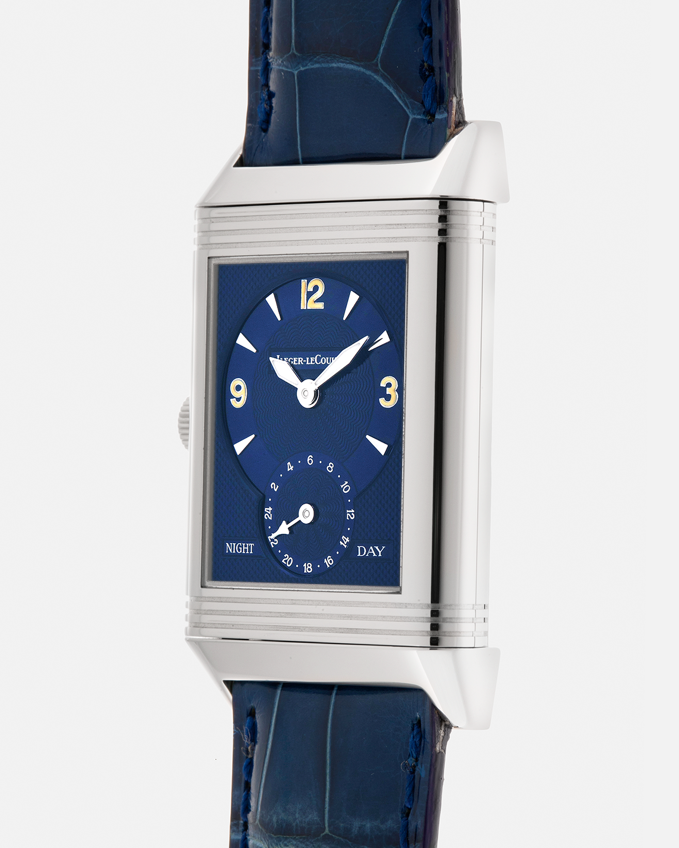 Brand: Jaeger LeCoultre
Year: Late 1990s
Model: Reverso Duoface Japan Edition Blue, Limited Edition of 300 Pieces
Reference Number: 270.8.54
Material: Stainless Steel
Movement: Jaeger LeCoultre Cal. 854, Manual-Wind
Case Dimensions: 42mm (Including Lugs) x 26mm
Lug Width: 19mm
Strap: Jaeger LeCoultre Blue Alligator Leather Strap with Signed Stainless Steel Deployant Clasp