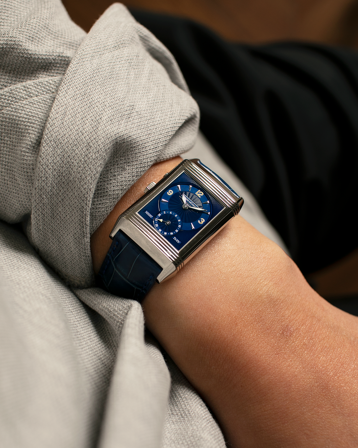 Brand: Jaeger LeCoultre
Year: Late 1990s
Model: Reverso Duoface Japan Edition Blue, Limited Edition of 300 Pieces
Reference Number: 270.8.54
Material: Stainless Steel
Movement: Jaeger LeCoultre Cal. 854, Manual-Wind
Case Dimensions: 42mm (Including Lugs) x 26mm
Lug Width: 19mm
Strap: Jaeger LeCoultre Blue Alligator Leather Strap with Signed Stainless Steel Deployant Clasp