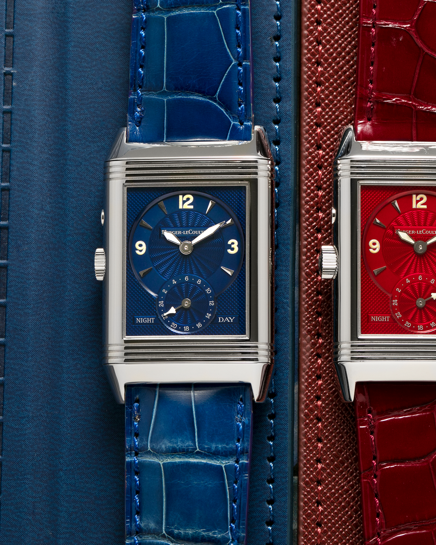 Brand: Jaeger LeCoultre
Year: Late 1990s
Model: Reverso Duoface Japan Edition Blue, Limited Edition of 300 Pieces
Reference Number: 270.8.54
Material: Stainless Steel
Movement: Jaeger LeCoultre Cal. 854, Manual-Wind
Case Dimensions: 42mm (Including Lugs) x 26mm
Lug Width: 19mm
Strap: Jaeger LeCoultre Blue Alligator Leather Strap with Signed Stainless Steel Deployant Clasp