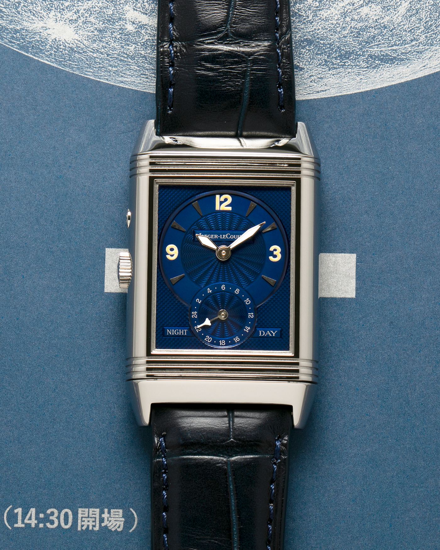 Brand: Jaeger LeCoultre
Year: Late 1990s
Model: Reverso Duoface Japan Edition Blue, Limited Edition of 300 Pieces
Reference Number: 270.8.54
Material: Stainless Steel
Movement: Jaeger LeCoultre Cal. 854, Manual-Wind
Case Dimensions: 42mm (Including Lugs) x 26mm
Lug Width: 19mm
Strap: Jaeger LeCoultre Black Alligator Leather Strap with Signed Stainless Steel Deployant Clasp