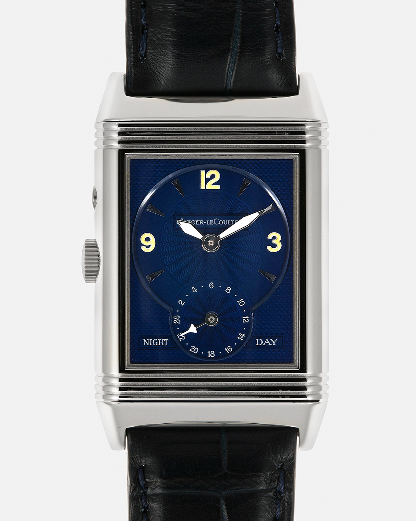 Brand: Jaeger LeCoultre
Year: Late 1990s
Model: Reverso Duoface Japan Edition Blue, Limited Edition of 300 Pieces
Reference Number: 270.8.54
Material: Stainless Steel
Movement: Jaeger LeCoultre Cal. 854, Manual-Wind
Case Dimensions: 42mm (Including Lugs) x 26mm
Lug Width: 19mm
Strap: Jaeger LeCoultre Black Alligator Leather Strap with Signed Stainless Steel Deployant Clasp