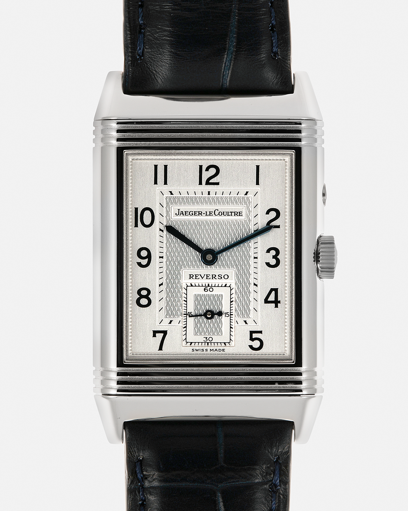 Brand: Jaeger LeCoultre
Year: Late 1990s
Model: Reverso Duoface Japan Edition Blue, Limited Edition of 300 Pieces
Reference Number: 270.8.54
Material: Stainless Steel
Movement: Jaeger LeCoultre Cal. 854, Manual-Wind
Case Dimensions: 42mm (Including Lugs) x 26mm
Lug Width: 19mm
Strap: Jaeger LeCoultre Black Alligator Leather Strap with Signed Stainless Steel Deployant Clasp