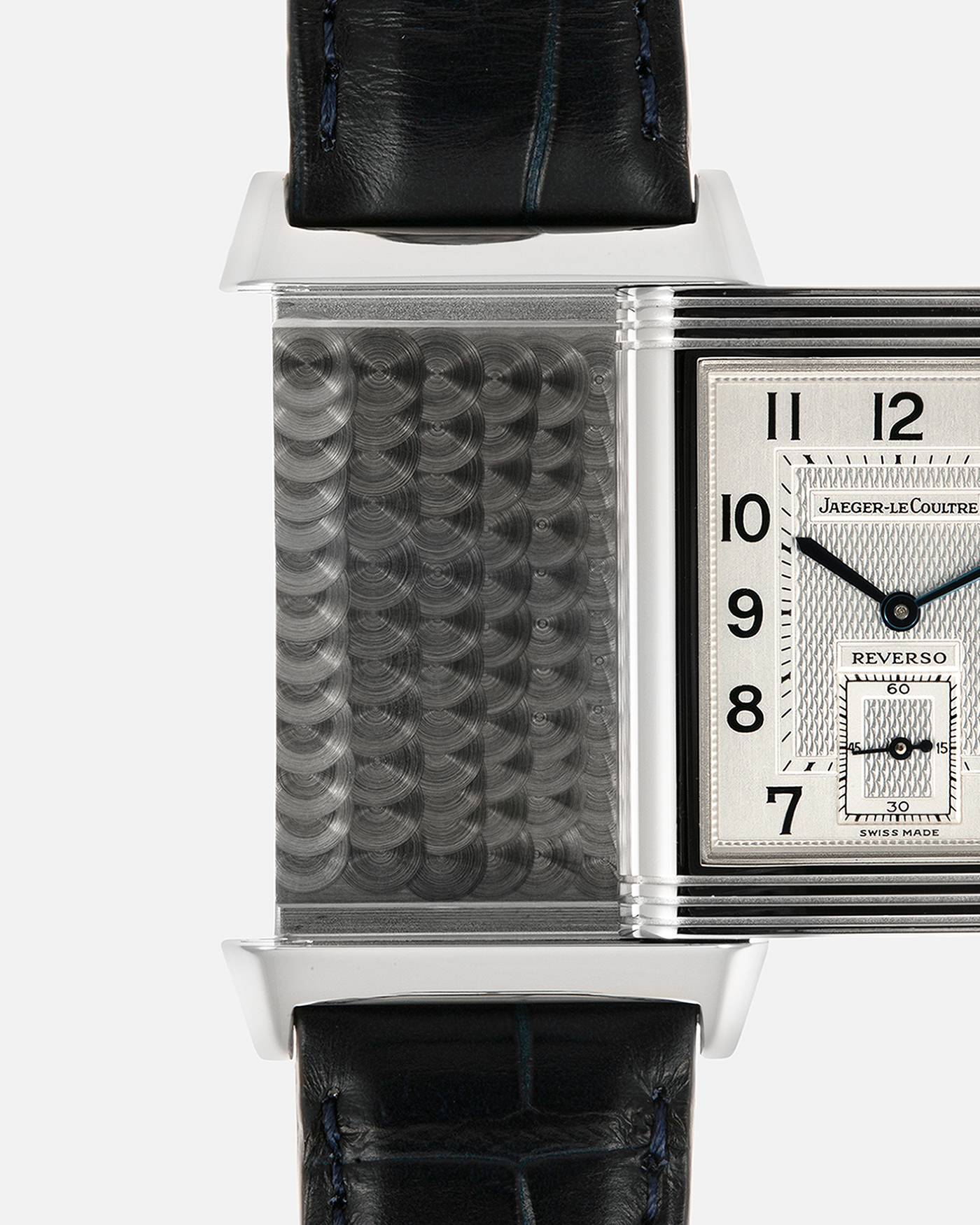 Brand: Jaeger LeCoultre
Year: Late 1990s
Model: Reverso Duoface Japan Edition Blue, Limited Edition of 300 Pieces
Reference Number: 270.8.54
Material: Stainless Steel
Movement: Jaeger LeCoultre Cal. 854, Manual-Wind
Case Dimensions: 42mm (Including Lugs) x 26mm
Lug Width: 19mm
Strap: Jaeger LeCoultre Black Alligator Leather Strap with Signed Stainless Steel Deployant Clasp