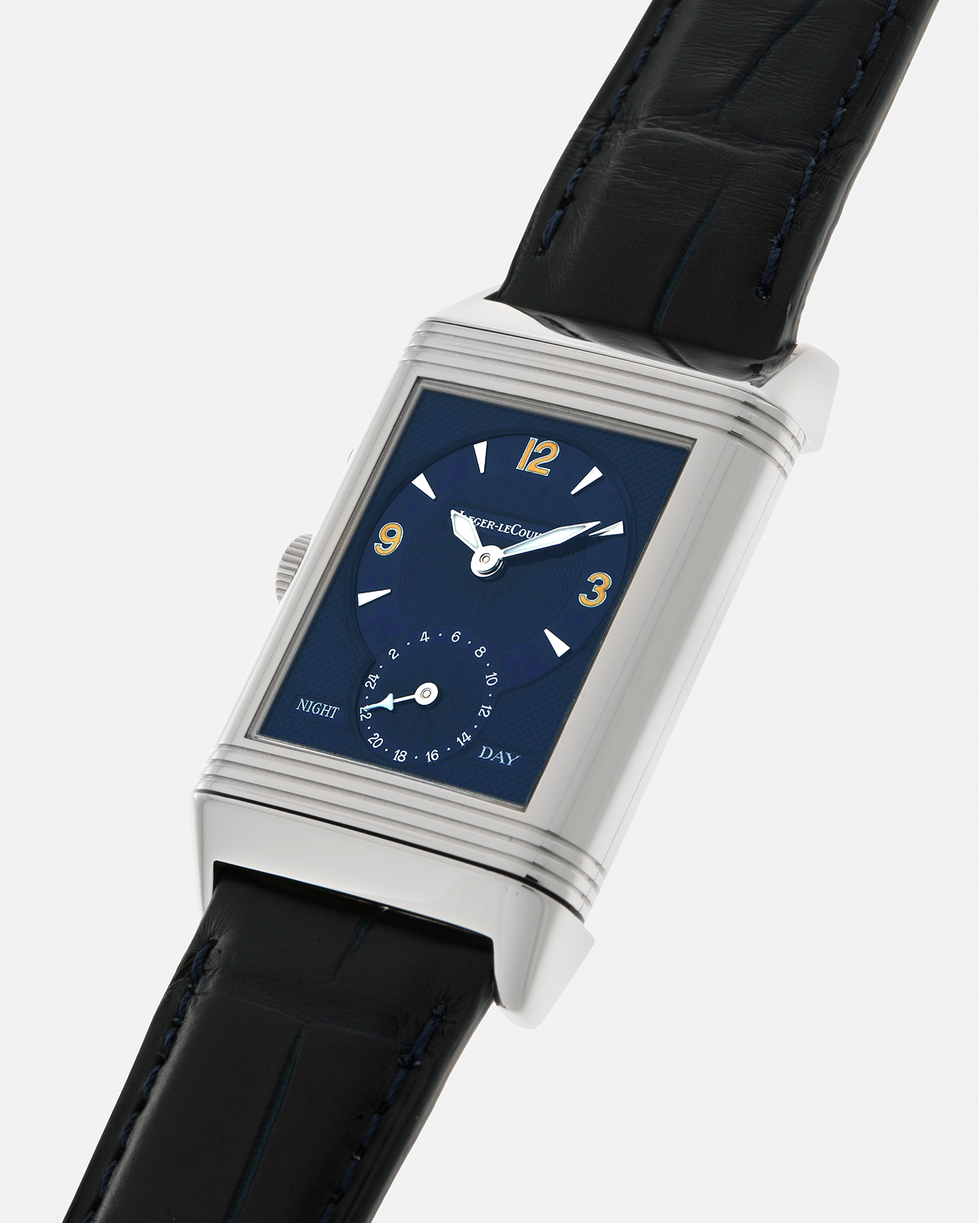 Brand: Jaeger LeCoultre
Year: Late 1990s
Model: Reverso Duoface Japan Edition Blue, Limited Edition of 300 Pieces
Reference Number: 270.8.54
Material: Stainless Steel
Movement: Jaeger LeCoultre Cal. 854, Manual-Wind
Case Dimensions: 42mm (Including Lugs) x 26mm
Lug Width: 19mm
Strap: Jaeger LeCoultre Black Alligator Leather Strap with Signed Stainless Steel Deployant Clasp