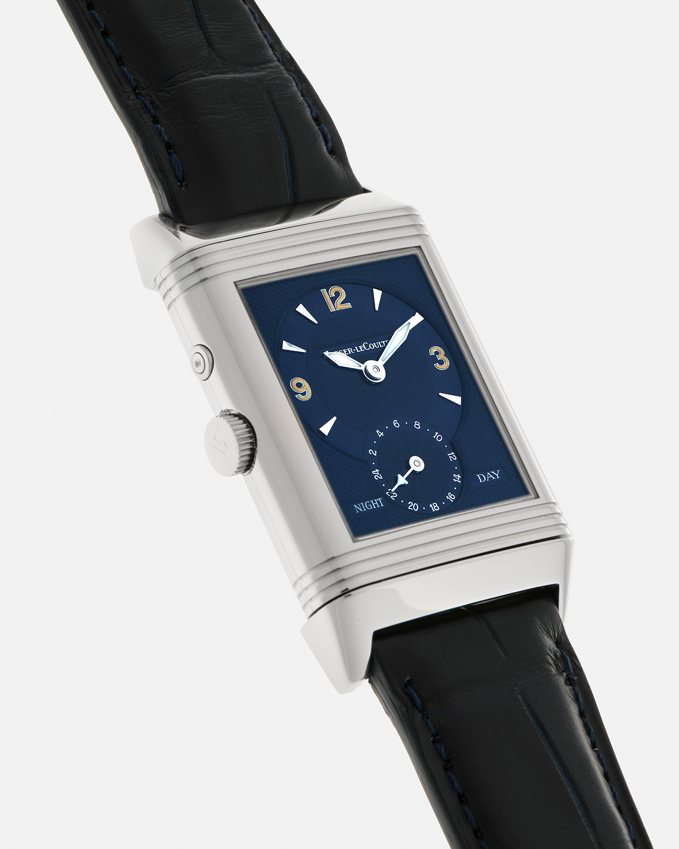 Brand: Jaeger LeCoultre
Year: Late 1990s
Model: Reverso Duoface Japan Edition Blue, Limited Edition of 300 Pieces
Reference Number: 270.8.54
Material: Stainless Steel
Movement: Jaeger LeCoultre Cal. 854, Manual-Wind
Case Dimensions: 42mm (Including Lugs) x 26mm
Lug Width: 19mm
Strap: Jaeger LeCoultre Black Alligator Leather Strap with Signed Stainless Steel Deployant Clasp