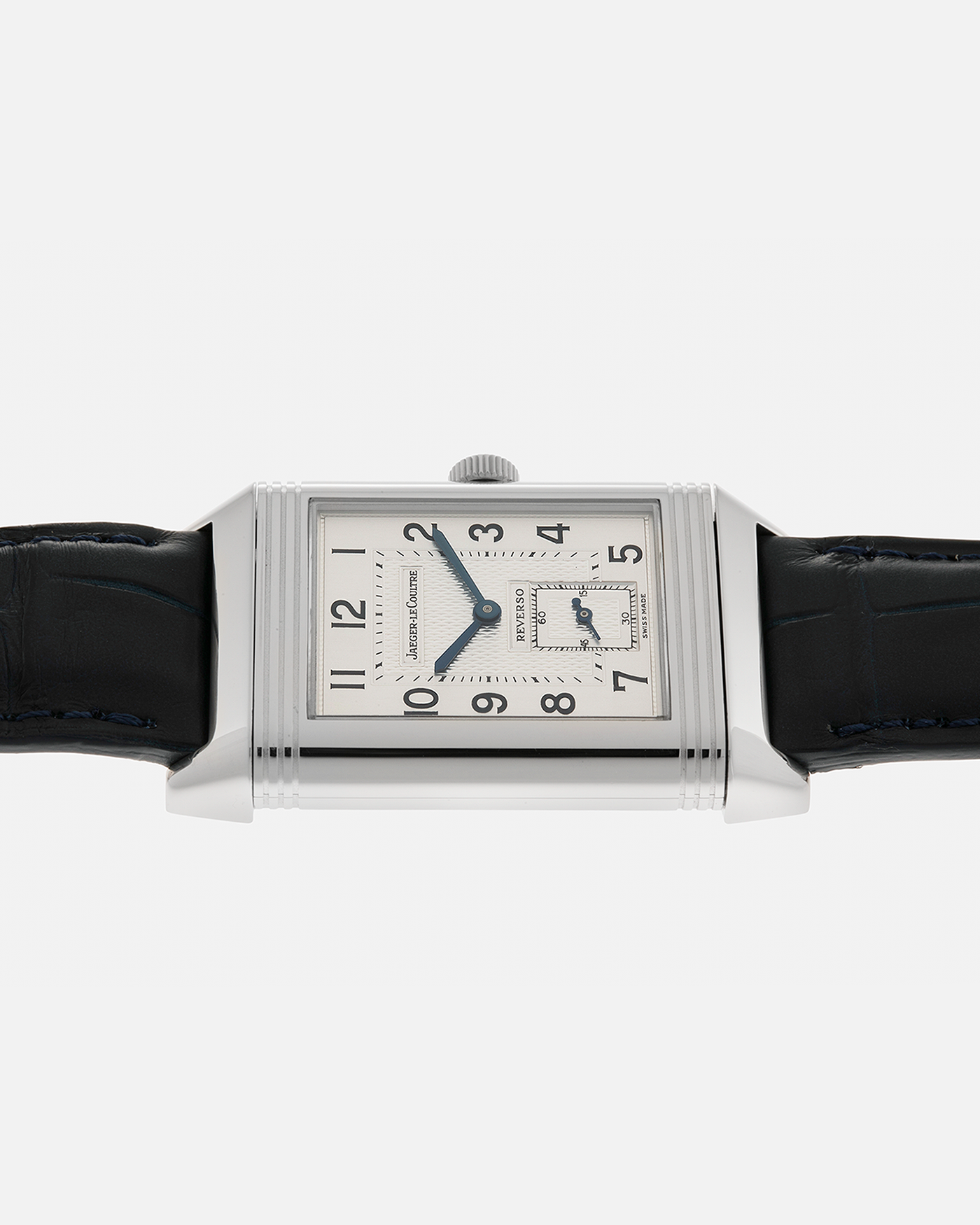 Brand: Jaeger LeCoultre
Year: Late 1990s
Model: Reverso Duoface Japan Edition Blue, Limited Edition of 300 Pieces
Reference Number: 270.8.54
Material: Stainless Steel
Movement: Jaeger LeCoultre Cal. 854, Manual-Wind
Case Dimensions: 42mm (Including Lugs) x 26mm
Lug Width: 19mm
Strap: Jaeger LeCoultre Black Alligator Leather Strap with Signed Stainless Steel Deployant Clasp