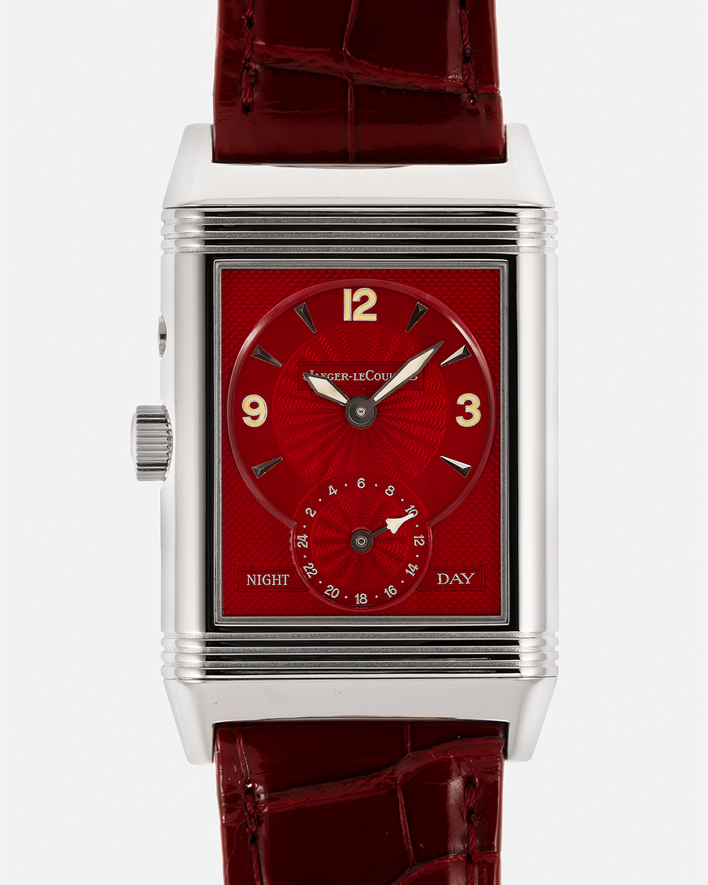 Brand: Jaeger LeCoultre
Year: Late 1990s
Model: Reverso Duoface Japan Edition Red, Limited Edition of 300 Pieces
Reference Number: 270.8.54
Material: Stainless Steel
Movement: Jaeger LeCoultre Cal. 854, Manual-Wind
Case Dimensions: 42mm (Including Lugs) x 26mm
Lug Width: 19mm
Strap: Jaeger LeCoultre Burgundy Red Alligator Leather Strap with Signed Stainless Steel Deployant Clasp