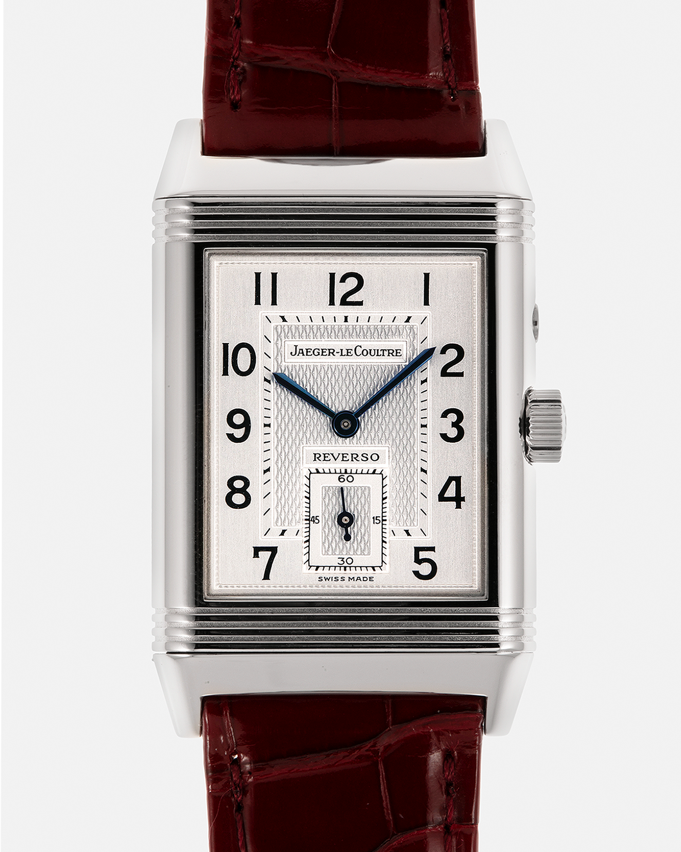 Brand: Jaeger LeCoultre
Year: Late 1990s
Model: Reverso Duoface Japan Edition Red, Limited Edition of 300 Pieces
Reference Number: 270.8.54
Material: Stainless Steel
Movement: Jaeger LeCoultre Cal. 854, Manual-Wind
Case Dimensions: 42mm (Including Lugs) x 26mm
Lug Width: 19mm
Strap: Jaeger LeCoultre Burgundy Red Alligator Leather Strap with Signed Stainless Steel Deployant Clasp