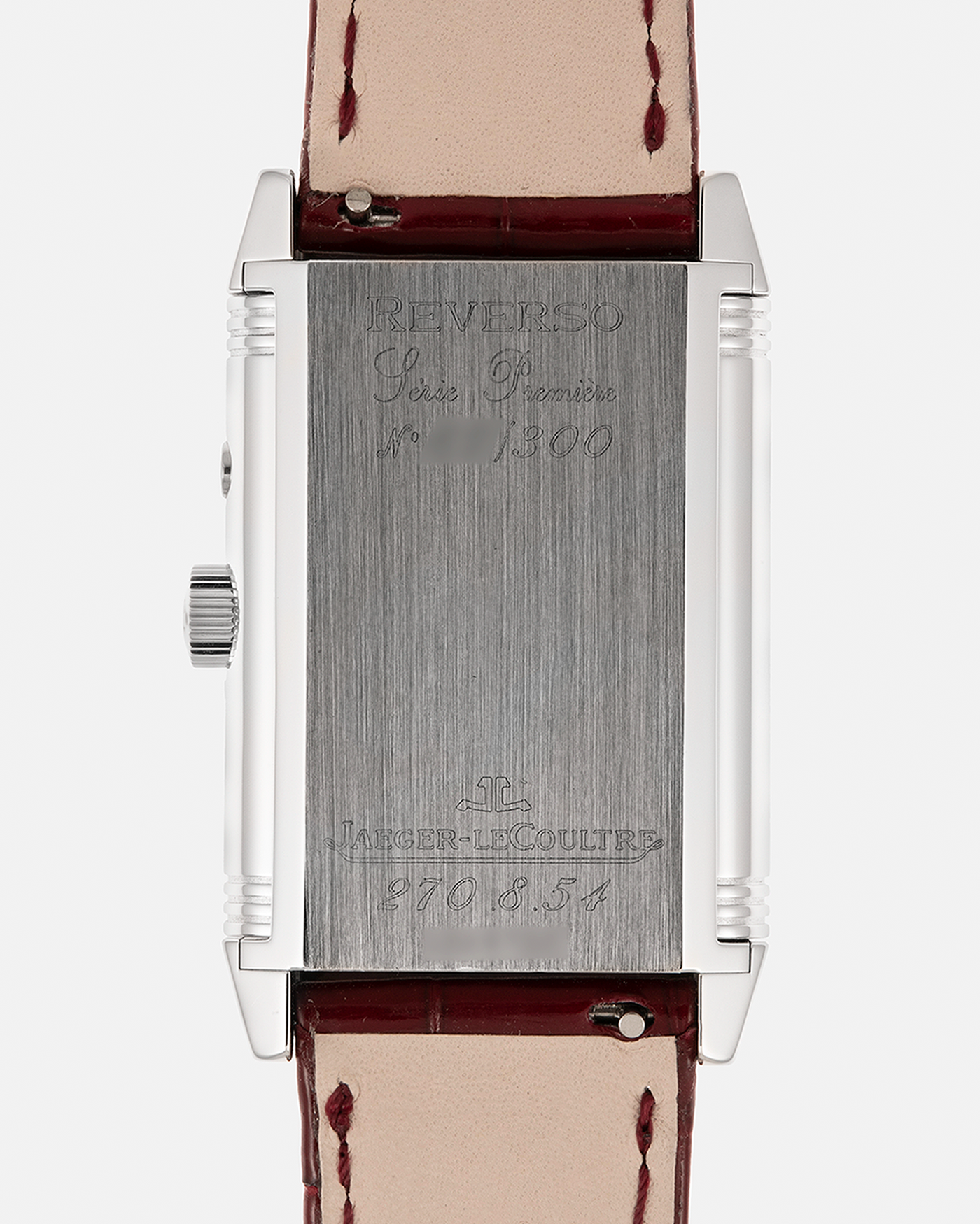Brand: Jaeger LeCoultre
Year: Late 1990s
Model: Reverso Duoface Japan Edition Red, Limited Edition of 300 Pieces
Reference Number: 270.8.54
Material: Stainless Steel
Movement: Jaeger LeCoultre Cal. 854, Manual-Wind
Case Dimensions: 42mm (Including Lugs) x 26mm
Lug Width: 19mm
Strap: Jaeger LeCoultre Burgundy Red Alligator Leather Strap with Signed Stainless Steel Deployant Clasp