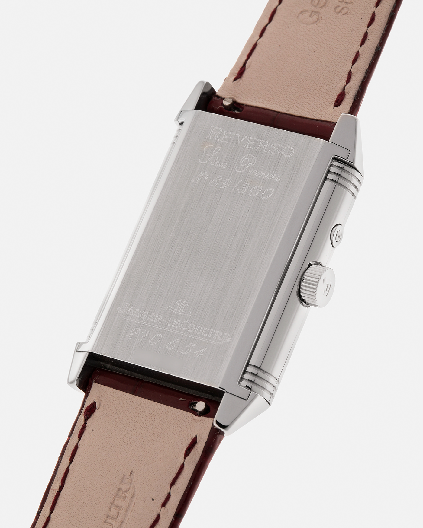 Brand: Jaeger LeCoultre
Year: Late 1990s
Model: Reverso Duoface Japan Edition Red, Limited Edition of 300 Pieces
Reference Number: 270.8.54
Material: Stainless Steel
Movement: Jaeger LeCoultre Cal. 854, Manual-Wind
Case Dimensions: 42mm (Including Lugs) x 26mm
Lug Width: 19mm
Strap: Jaeger LeCoultre Burgundy Red Alligator Leather Strap with Signed Stainless Steel Deployant Clasp