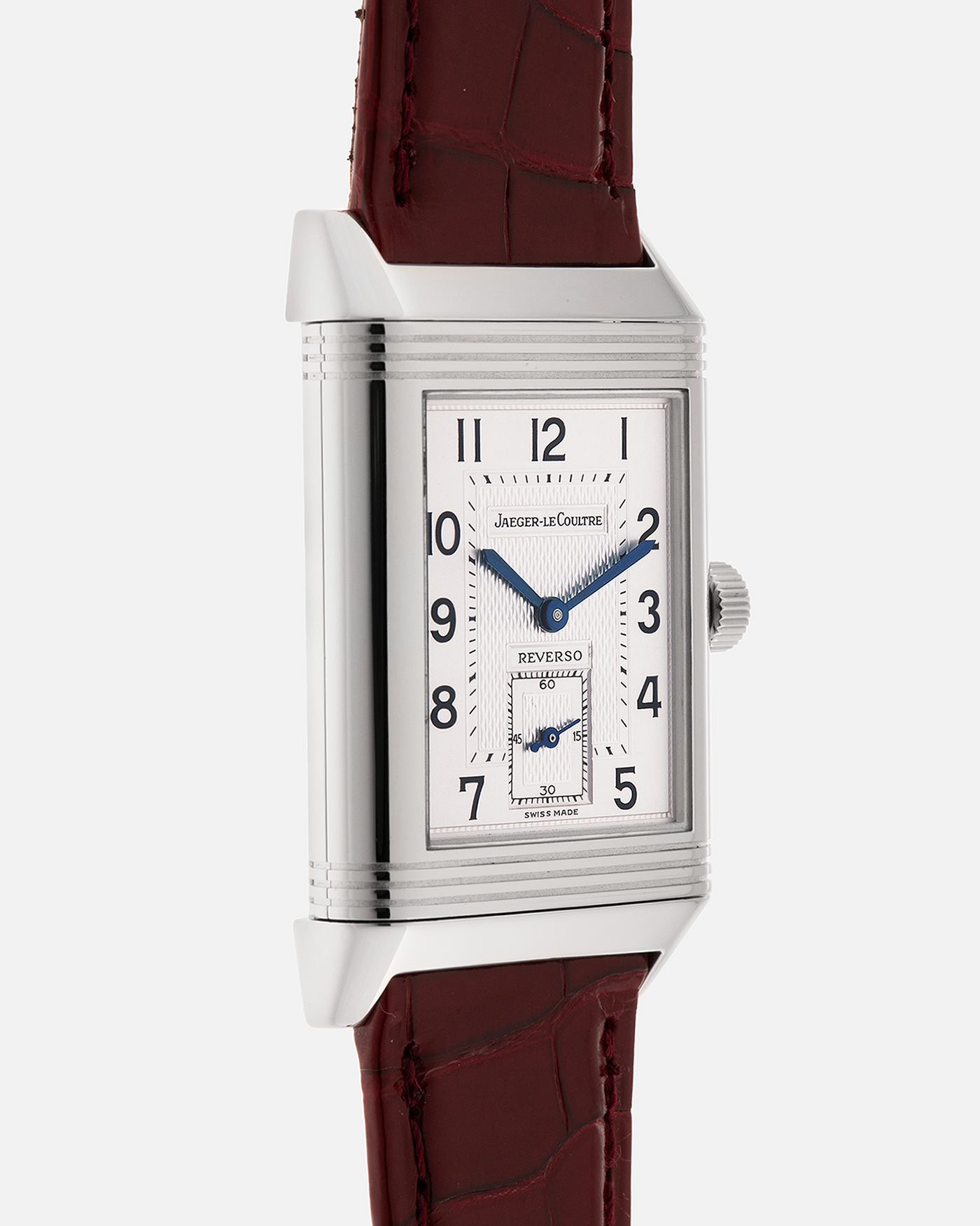 Brand: Jaeger LeCoultre
Year: Late 1990s
Model: Reverso Duoface Japan Edition Red, Limited Edition of 300 Pieces
Reference Number: 270.8.54
Material: Stainless Steel
Movement: Jaeger LeCoultre Cal. 854, Manual-Wind
Case Dimensions: 42mm (Including Lugs) x 26mm
Lug Width: 19mm
Strap: Jaeger LeCoultre Burgundy Red Alligator Leather Strap with Signed Stainless Steel Deployant Clasp