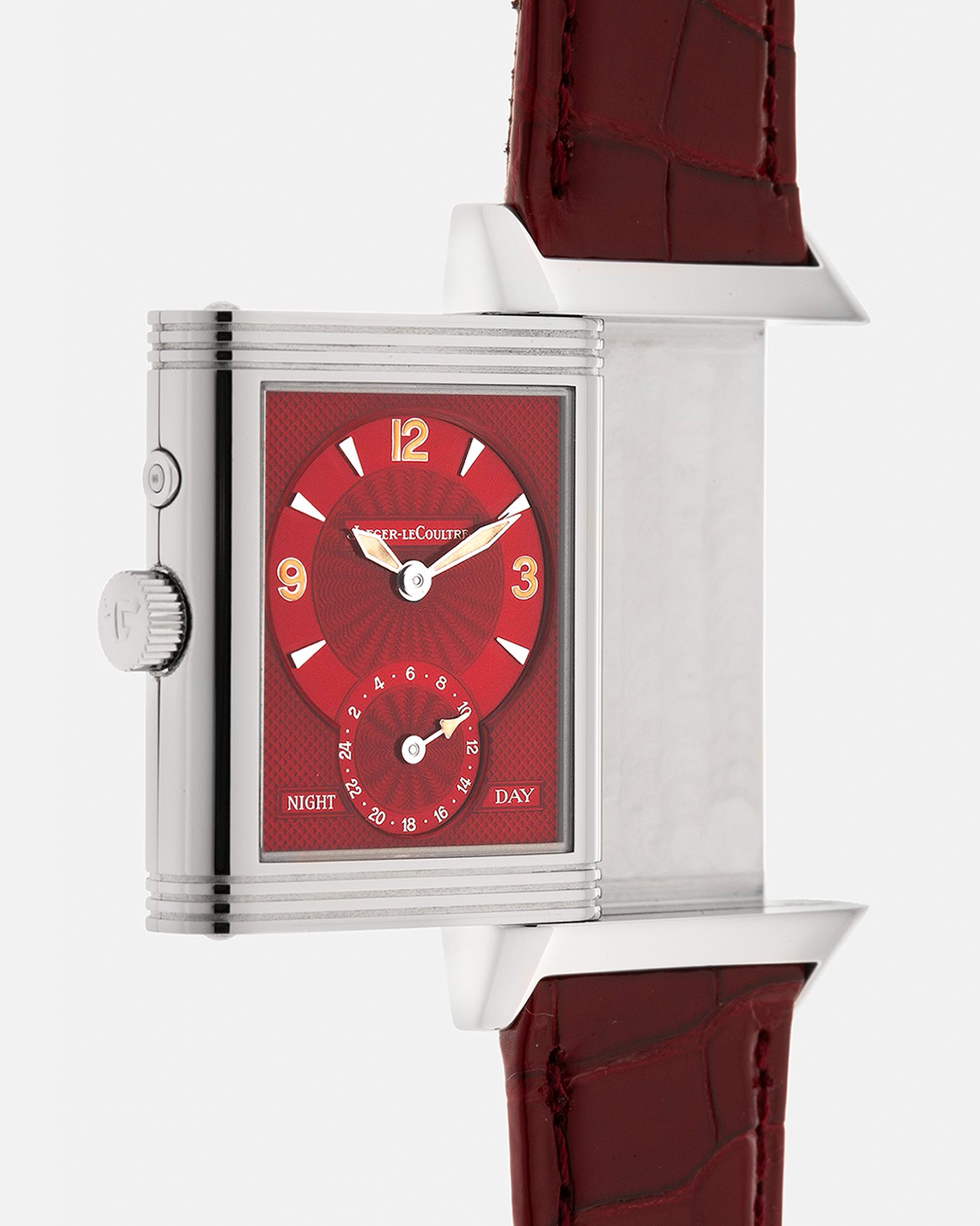 Brand: Jaeger LeCoultre
Year: Late 1990s
Model: Reverso Duoface Japan Edition Red, Limited Edition of 300 Pieces
Reference Number: 270.8.54
Material: Stainless Steel
Movement: Jaeger LeCoultre Cal. 854, Manual-Wind
Case Dimensions: 42mm (Including Lugs) x 26mm
Lug Width: 19mm
Strap: Jaeger LeCoultre Burgundy Red Alligator Leather Strap with Signed Stainless Steel Deployant Clasp