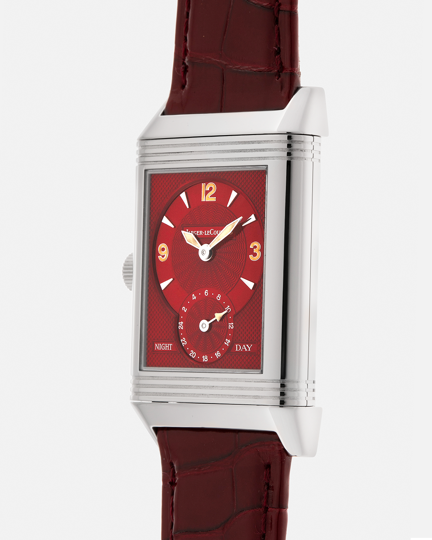 Brand: Jaeger LeCoultre
Year: Late 1990s
Model: Reverso Duoface Japan Edition Red, Limited Edition of 300 Pieces
Reference Number: 270.8.54
Material: Stainless Steel
Movement: Jaeger LeCoultre Cal. 854, Manual-Wind
Case Dimensions: 42mm (Including Lugs) x 26mm
Lug Width: 19mm
Strap: Jaeger LeCoultre Burgundy Red Alligator Leather Strap with Signed Stainless Steel Deployant Clasp