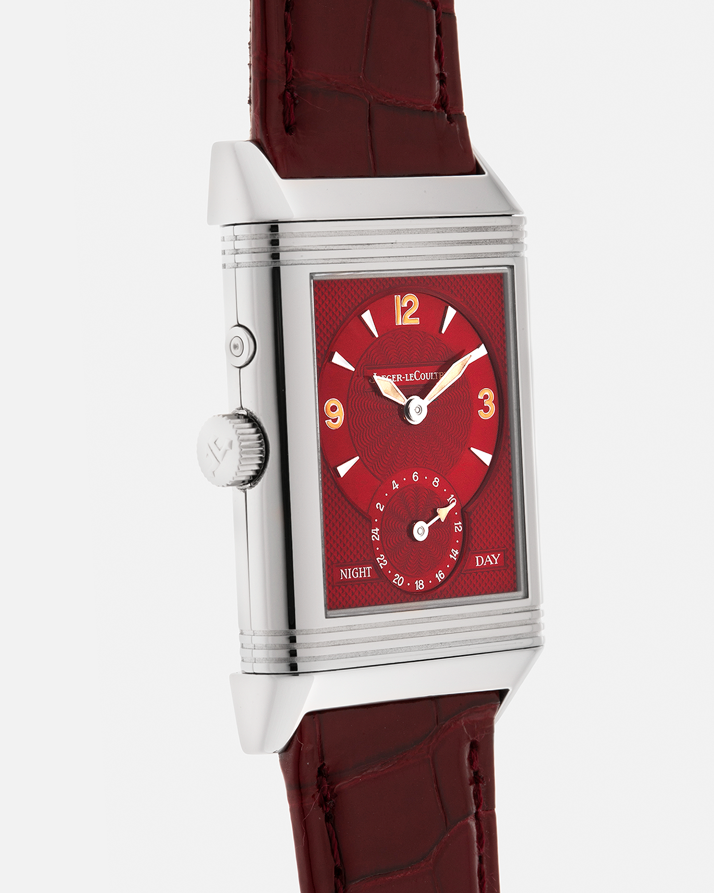 Brand: Jaeger LeCoultre
Year: Late 1990s
Model: Reverso Duoface Japan Edition Red, Limited Edition of 300 Pieces
Reference Number: 270.8.54
Material: Stainless Steel
Movement: Jaeger LeCoultre Cal. 854, Manual-Wind
Case Dimensions: 42mm (Including Lugs) x 26mm
Lug Width: 19mm
Strap: Jaeger LeCoultre Burgundy Red Alligator Leather Strap with Signed Stainless Steel Deployant Clasp
