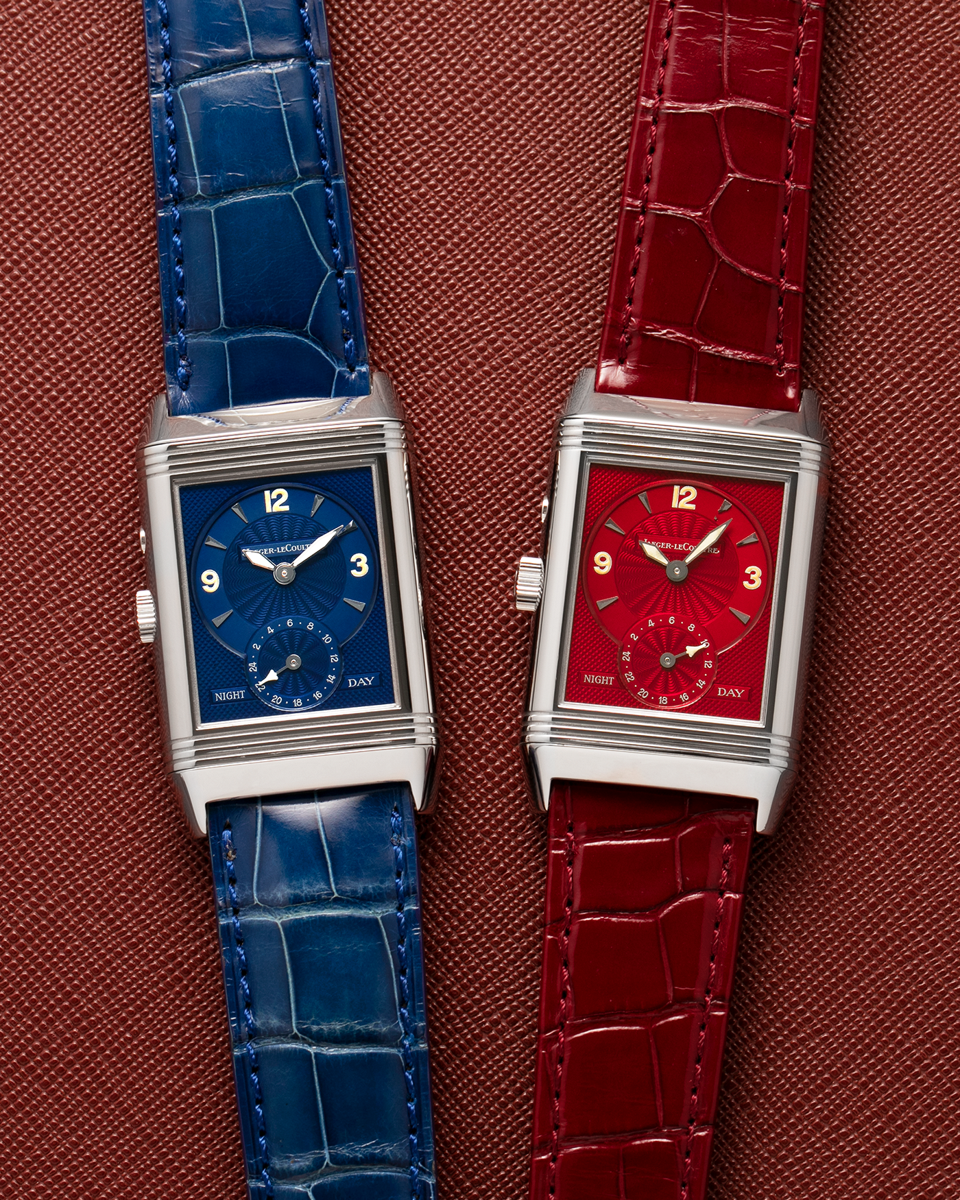 Brand: Jaeger LeCoultre
Year: Late 1990s
Model: Reverso Duoface Japan Edition Red, Limited Edition of 300 Pieces
Reference Number: 270.8.54
Material: Stainless Steel
Movement: Jaeger LeCoultre Cal. 854, Manual-Wind
Case Dimensions: 42mm (Including Lugs) x 26mm
Lug Width: 19mm
Strap: Jaeger LeCoultre Burgundy Red Alligator Leather Strap with Signed Stainless Steel Deployant Clasp