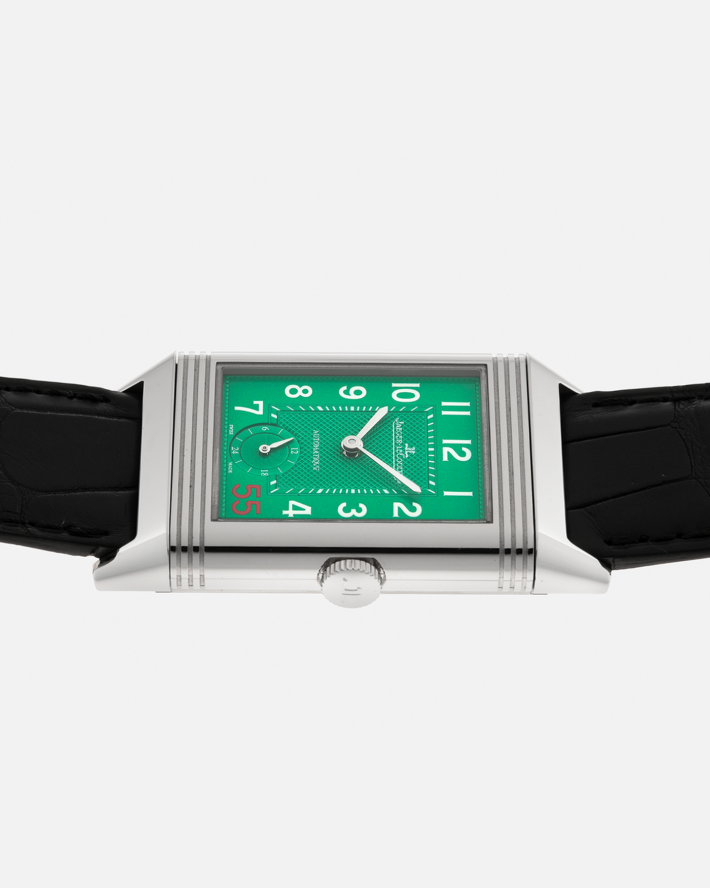 Brand: Jaeger LeCoultre
Year: 2016
Model: Grande Reverso 976 ‘55th Anniversary of Kuwait’, Limited Edition of 55 Pieces
Reference: 278.8.56
Material: Stainless Steel
Movement: Jaeger LeCoultre Cal. 967B, Self-Winding
Case Dimensions: 46mm (Including Lugs) x 27mm x 9mm
Lug Width: 20mm
Straps: Jaeger LeCoultre Black Alligator Leather Strap with Signed Stainless Steel Deployant Buckle, with extra Jaeger LeCoultre Black Alligator Leather Strap
