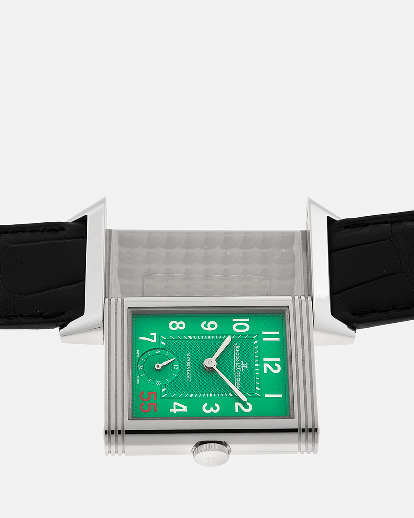 Brand: Jaeger LeCoultre
Year: 2016
Model: Grande Reverso 976 ‘55th Anniversary of Kuwait’, Limited Edition of 55 Pieces
Reference: 278.8.56
Material: Stainless Steel
Movement: Jaeger LeCoultre Cal. 967B, Self-Winding
Case Dimensions: 46mm (Including Lugs) x 27mm x 9mm
Lug Width: 20mm
Straps: Jaeger LeCoultre Black Alligator Leather Strap with Signed Stainless Steel Deployant Buckle, with extra Jaeger LeCoultre Black Alligator Leather Strap