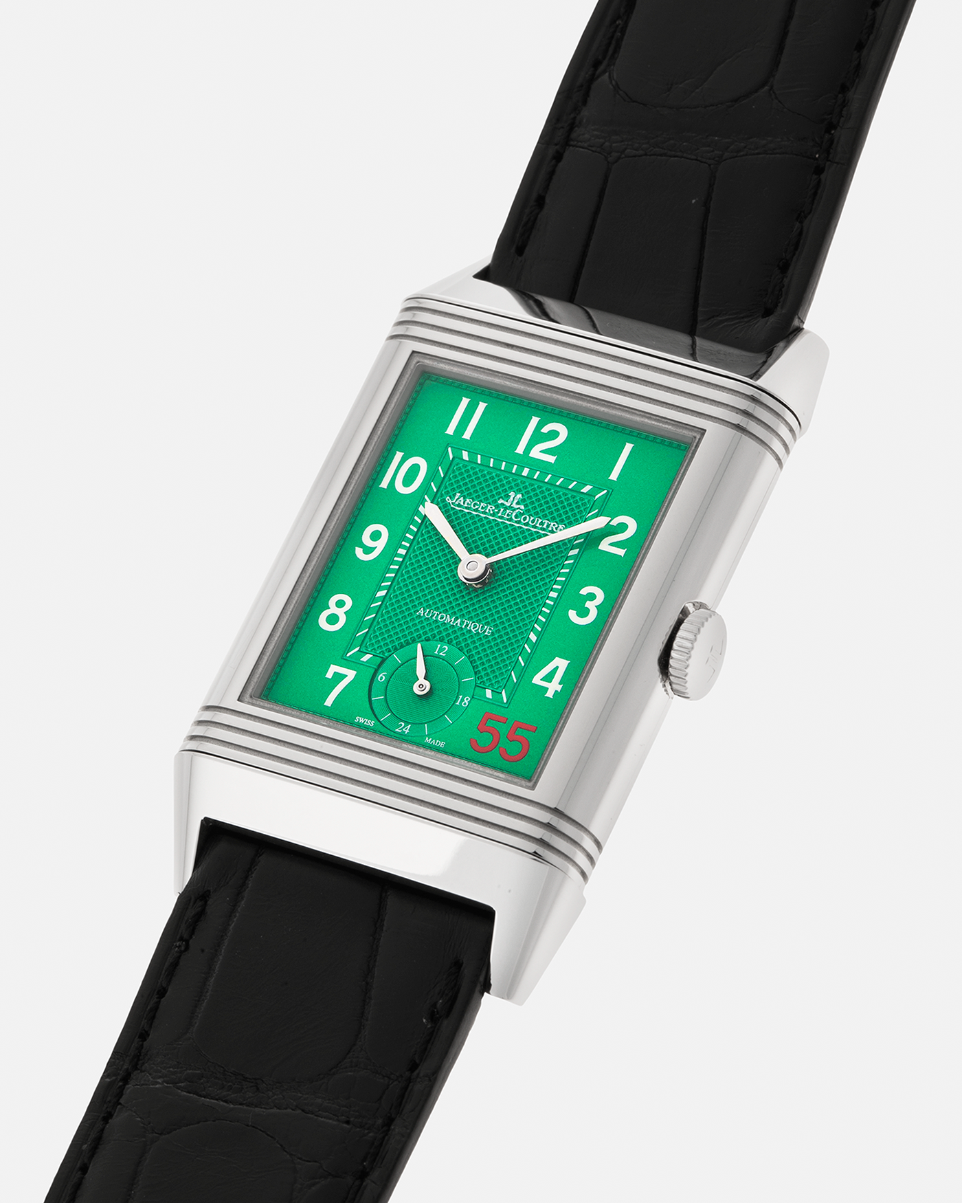 Brand: Jaeger LeCoultre
Year: 2016
Model: Grande Reverso 976 ‘55th Anniversary of Kuwait’, Limited Edition of 55 Pieces
Reference: 278.8.56
Material: Stainless Steel
Movement: Jaeger LeCoultre Cal. 967B, Self-Winding
Case Dimensions: 46mm (Including Lugs) x 27mm x 9mm
Lug Width: 20mm
Straps: Jaeger LeCoultre Black Alligator Leather Strap with Signed Stainless Steel Deployant Buckle, with extra Jaeger LeCoultre Black Alligator Leather Strap