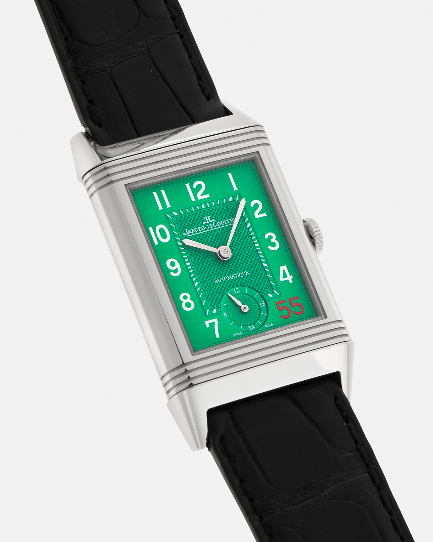 Brand: Jaeger LeCoultre
Year: 2016
Model: Grande Reverso 976 ‘55th Anniversary of Kuwait’, Limited Edition of 55 Pieces
Reference: 278.8.56
Material: Stainless Steel
Movement: Jaeger LeCoultre Cal. 967B, Self-Winding
Case Dimensions: 46mm (Including Lugs) x 27mm x 9mm
Lug Width: 20mm
Straps: Jaeger LeCoultre Black Alligator Leather Strap with Signed Stainless Steel Deployant Buckle, with extra Jaeger LeCoultre Black Alligator Leather Strap