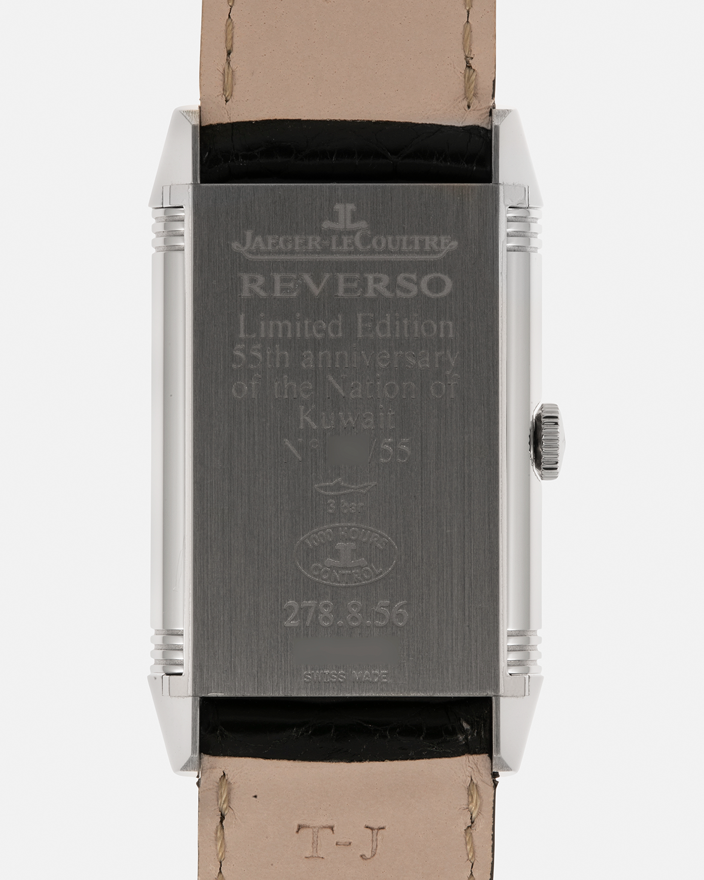 Brand: Jaeger LeCoultre
Year: 2016
Model: Grande Reverso 976 ‘55th Anniversary of Kuwait’, Limited Edition of 55 Pieces
Reference: 278.8.56
Material: Stainless Steel
Movement: Jaeger LeCoultre Cal. 967B, Self-Winding
Case Dimensions: 46mm (Including Lugs) x 27mm x 9mm
Lug Width: 20mm
Straps: Jaeger LeCoultre Black Alligator Leather Strap with Signed Stainless Steel Deployant Buckle, with extra Jaeger LeCoultre Black Alligator Leather Strap