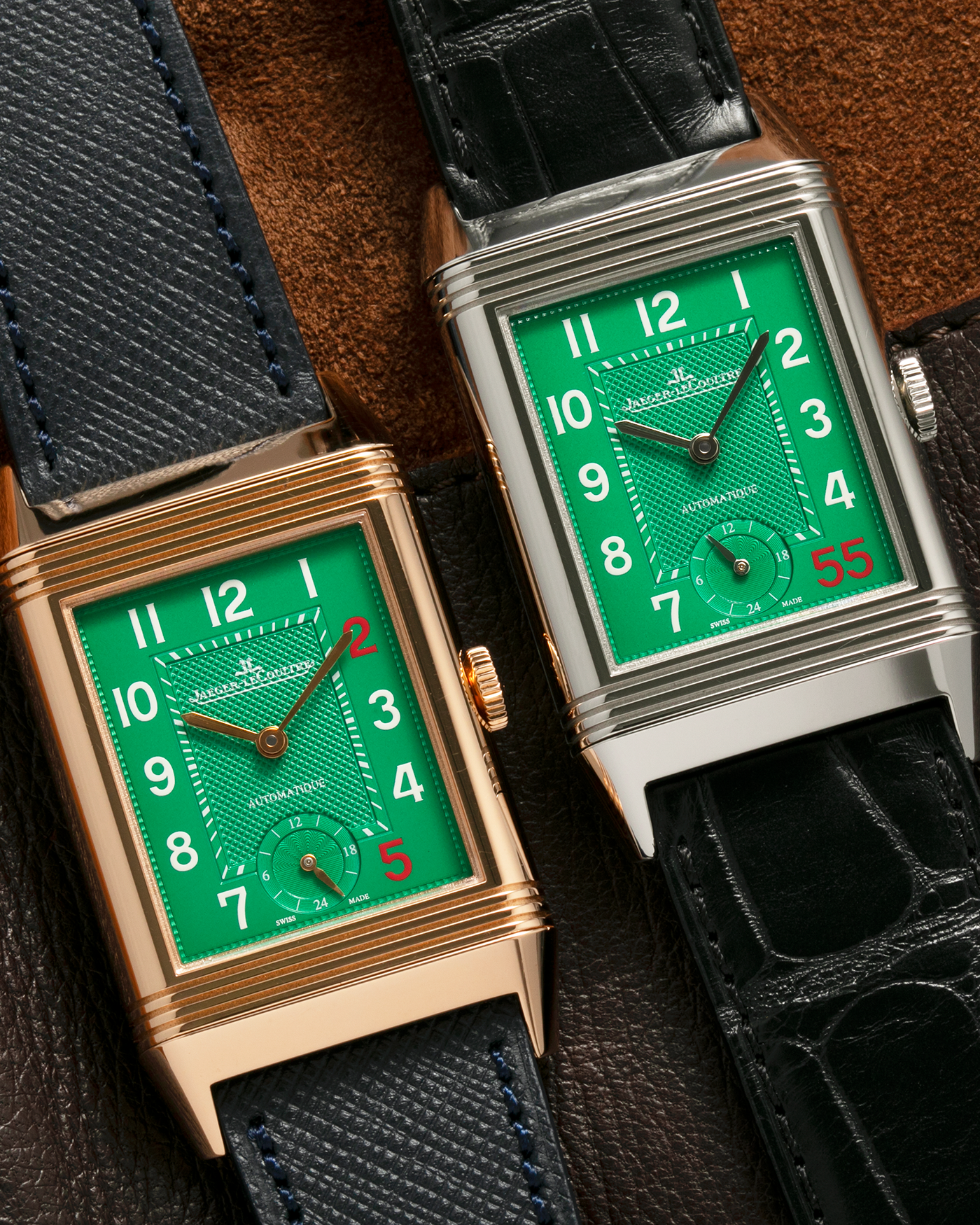 Brand: Jaeger LeCoultre
Year: 2016
Model: Grande Reverso 976 ‘55th Anniversary of Kuwait’, Limited Edition of 55 Pieces
Reference: 278.8.56
Material: Stainless Steel
Movement: Jaeger LeCoultre Cal. 967B, Self-Winding
Case Dimensions: 46mm (Including Lugs) x 27mm x 9mm
Lug Width: 20mm
Straps: Jaeger LeCoultre Black Alligator Leather Strap with Signed Stainless Steel Deployant Buckle, with extra Jaeger LeCoultre Black Alligator Leather Strap