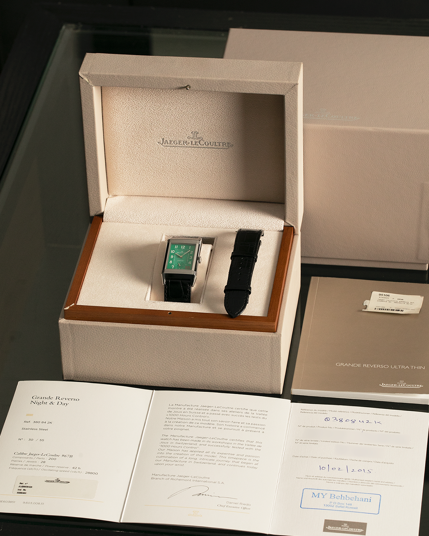 Brand: Jaeger LeCoultre
Year: 2016
Model: Grande Reverso 976 ‘55th Anniversary of Kuwait’, Limited Edition of 55 Pieces
Reference: 278.8.56
Material: Stainless Steel
Movement: Jaeger LeCoultre Cal. 967B, Self-Winding
Case Dimensions: 46mm (Including Lugs) x 27mm x 9mm
Lug Width: 20mm
Straps: Jaeger LeCoultre Black Alligator Leather Strap with Signed Stainless Steel Deployant Buckle, with extra Jaeger LeCoultre Black Alligator Leather Strap
