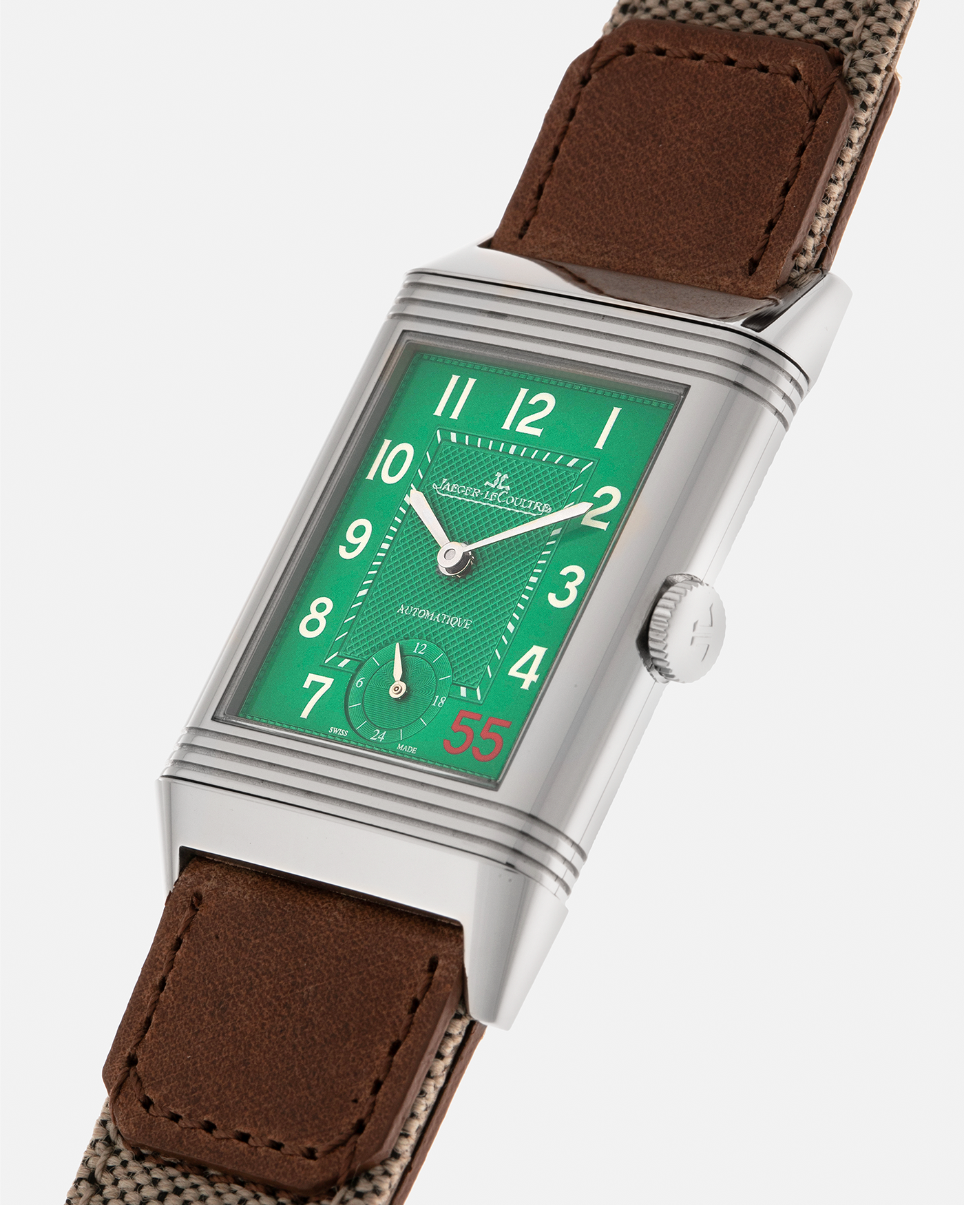 Brand: Jaeger-LeCoultre
Year: 2016
Model: Grande Reverso 976 ‘55th Anniversary of Kuwait’, Limited Edition of 55 Pieces
Reference: 278.8.56
Material: Stainless Steel
Movement: Jaeger-LeCoultre Cal. 967B, Self-Winding
Case Dimensions: 46mm (Including Lugs) x 27mm x 9mm
Lug Width: 20mm
Straps: Jaeger-LeCoultre Casa Fagliano Beige Calf and Canvas Leather Strap with Signed Stainless Steel Deployant Clasp, extra Jaeger-LeCoultre Black Alligator Leather Strap, and Jaeger-LeCoultre Casa Fagliano Dark Brown Calf Le